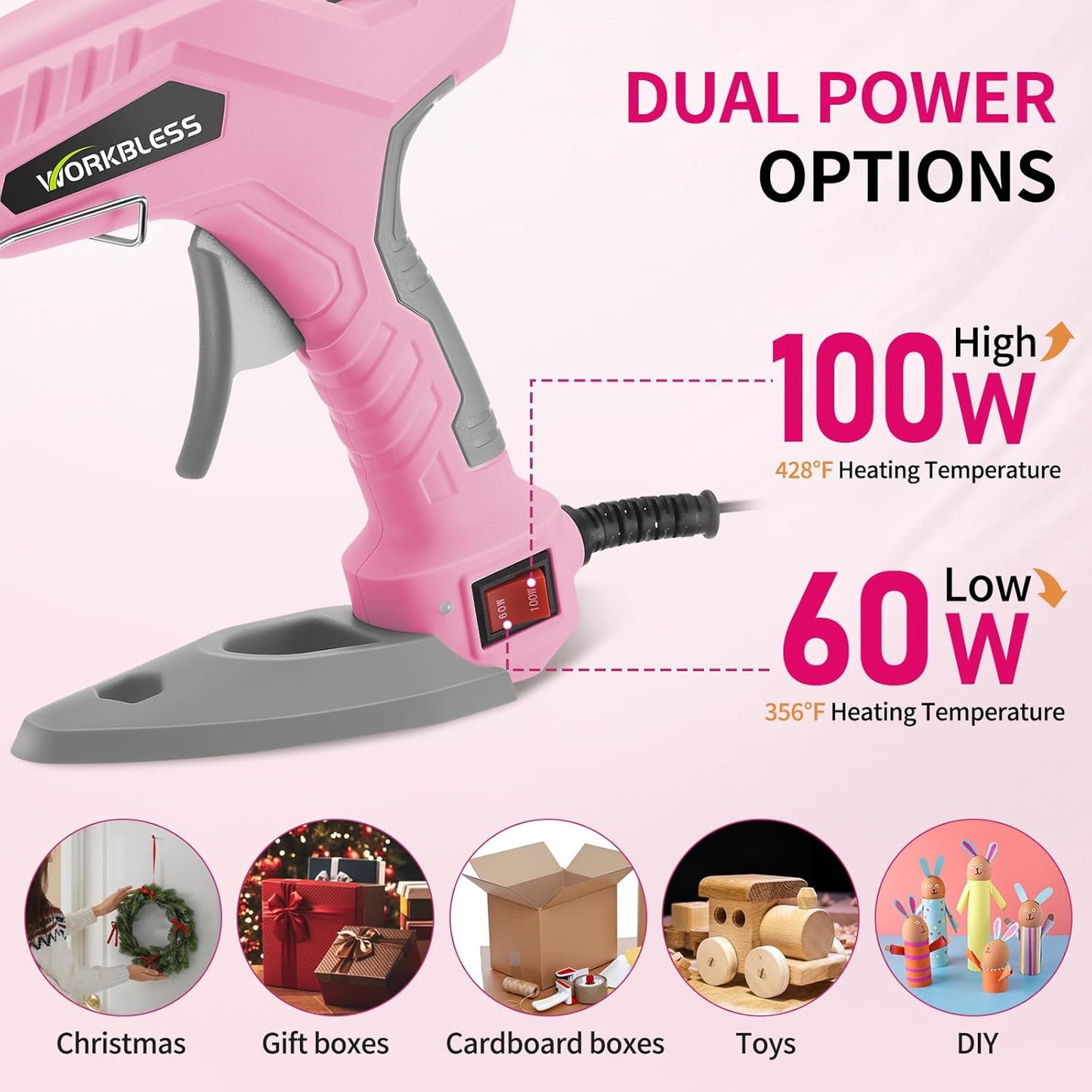 WorkBless Pink Hot Glue Gun, Dual Temp Glue Gun 60W/100W, Fast Heating Heavy and Duty Glue Gun with 20PCS Full Size Glue Sticks for Arts, Home Repair, DIY & Industrial Use