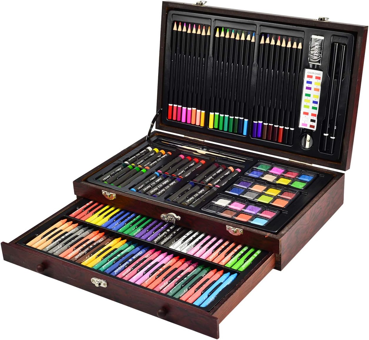 Sunnyglade 145 Piece Deluxe Art Set, Wooden Box & Drawing Kit with Crayons, Oil Pastels, Colored Pencils, Watercolor Cakes, Sketch Pencils, Paint Brush, Sharpener, Eraser, Color Chart (Cherry)