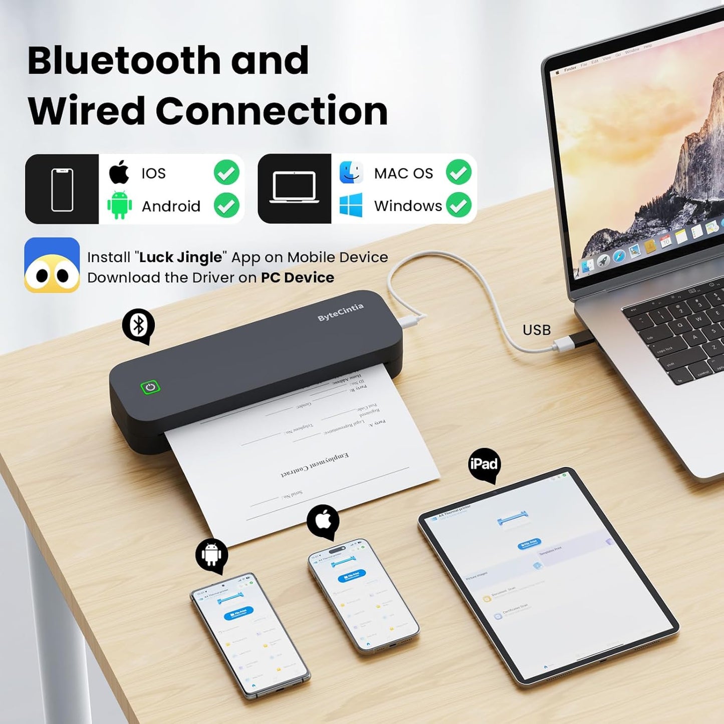 Portable Printer for Travel, Bluetooth Thermal Printer Supports 8.5 x 11 Inch US Letter Size, Compatible with Android and iOS & Laptop Inkless Mobile for Office, Car, School