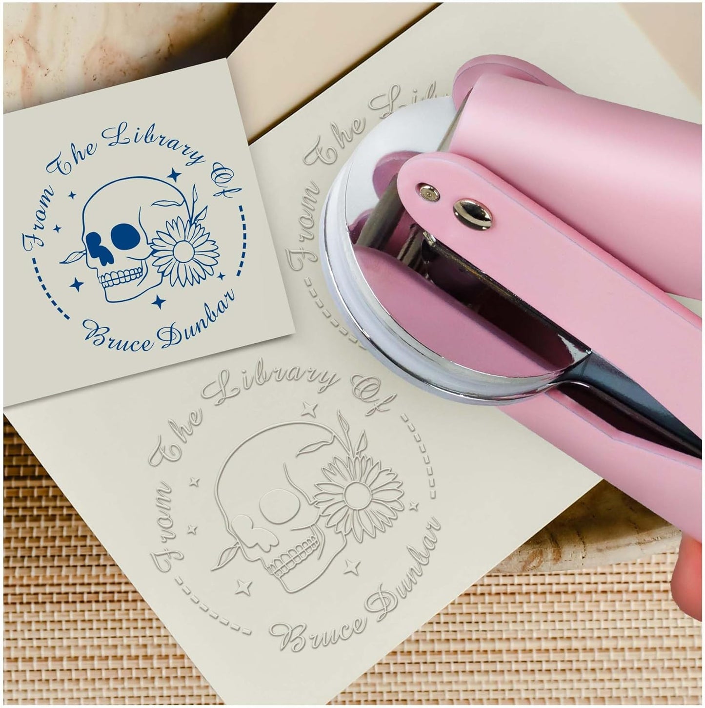 Skull Themed Library Book Embosser， Custom Book Business Card Paper Document Notebook, Self Inking Stamp，Book Lover Gifts，Christmas Gifts (Style13)