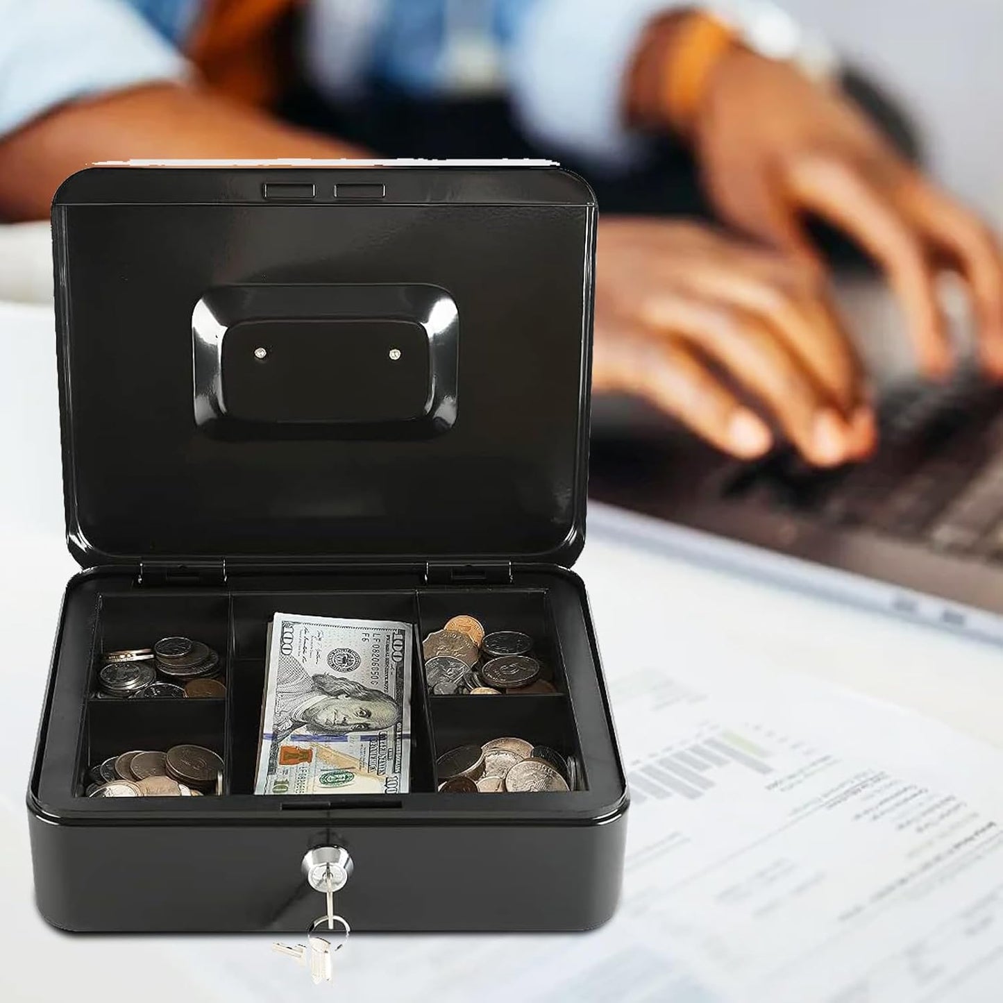 xydled Locking Steel Medium Cash Box with Removable Coin Tray and Key Lock,7.87"x 6.30"x 3.54",Black
