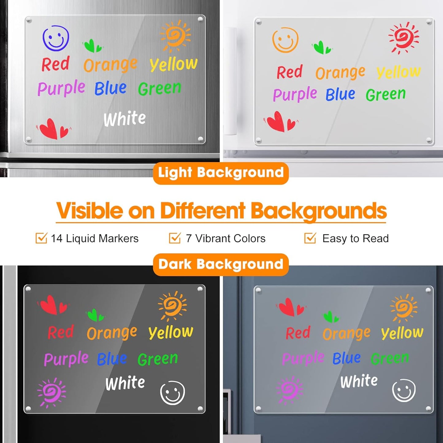 Liquid Chalk Markers for Acrylic Fridge Calendar Planning Board Clear Glass Dry Erase Board Refrigerator Whiteboard for Window/Mirror, 14 Pack, 7 Vibrant Colors, 1mm Fine Points, Easy Wet Erase