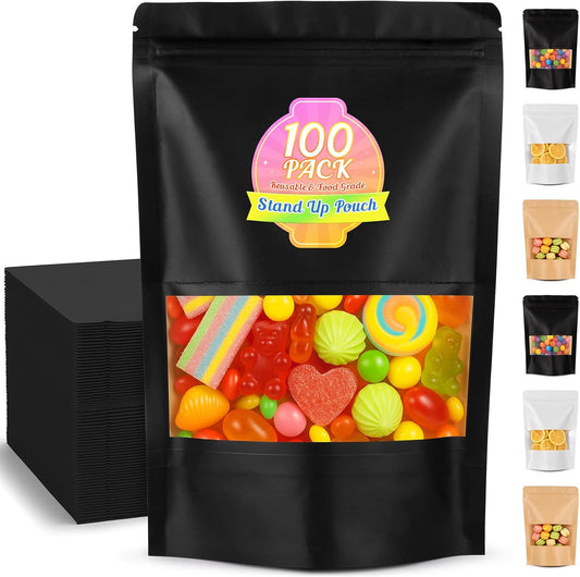 Mylar Bags for Food Storage, 100 Pack Smell Proof Bag with Window, Resealable Bags for Small Business, Candy Bags, Dog Treat Bag, Bakery Packaging, Stand Up Pouch 4"x6")