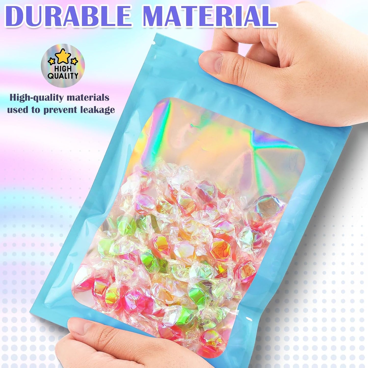100 Pcs Mylar Bags, Smell Proof Bags Foil Pouch, Holographic Resealable Bags for Small Business, Candy Sample Jewelry Bag Sealable Packaging for Party Favor Food Storage (2.4x3.9in-Blue)
