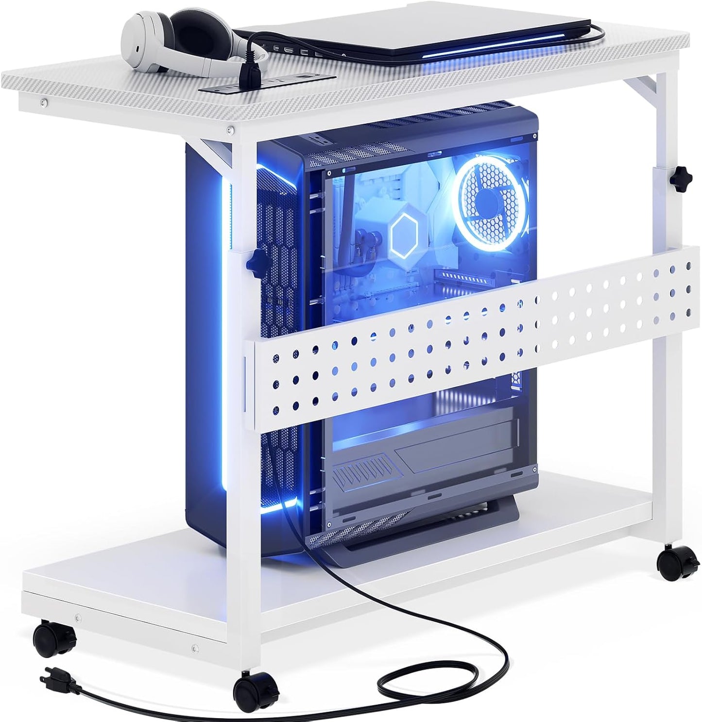 32" Large Computer Tower Stand with Power Strips, 4 Levels Manual Height Adjustable PC Tower Stand for Under Desk, Mobile Rolling CPU Holder Computer Cart with Wheels, Carbon Fiber White