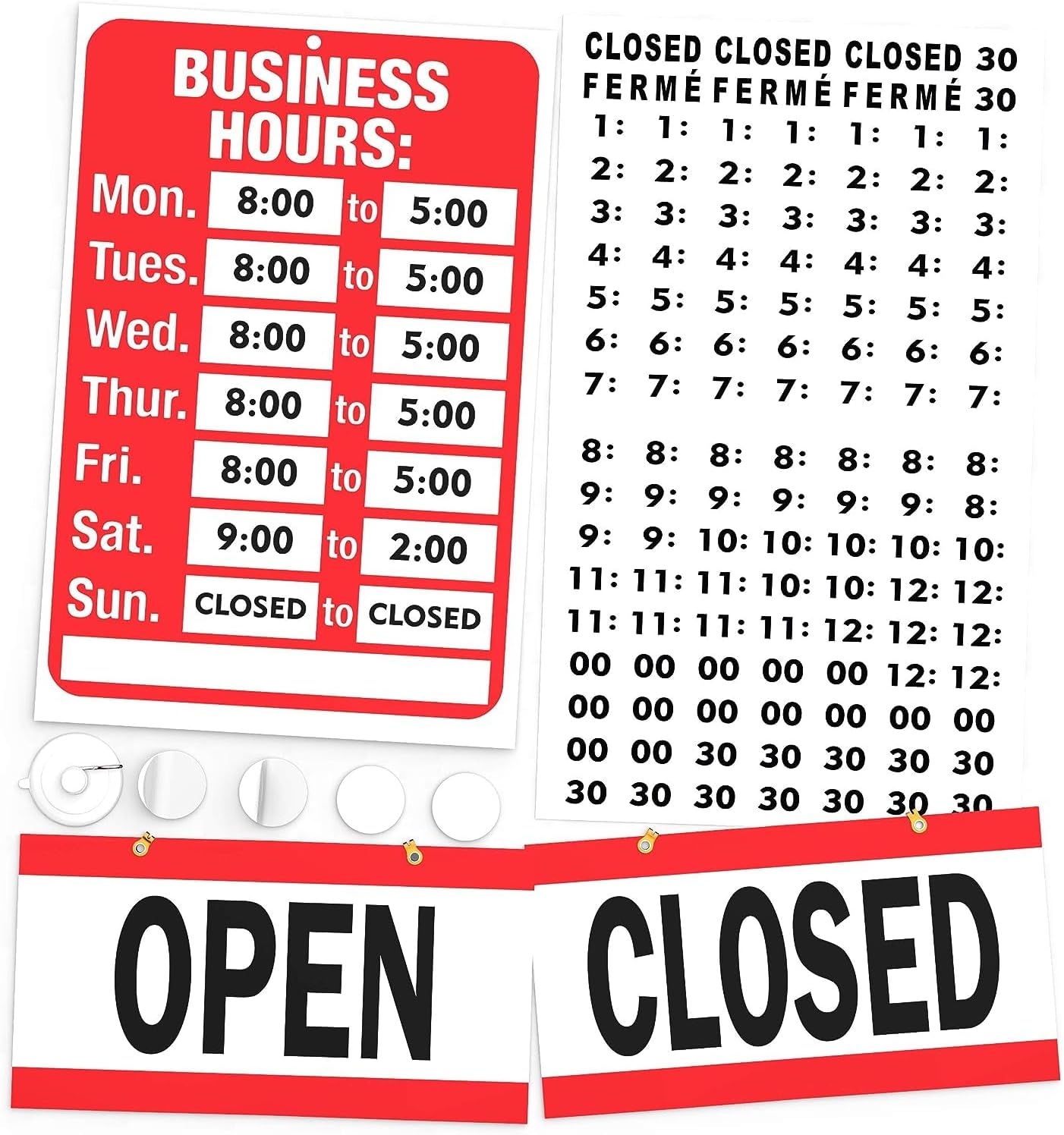 Open Closed Sign for Business - Ideal Office Hours Sign for Glass Door or Window - Bright Red and White Colors - Includes 4 Double Sided Adhesive Pads and a Black Number Sticker Set - Perfect Open and Closed Signs for any Store