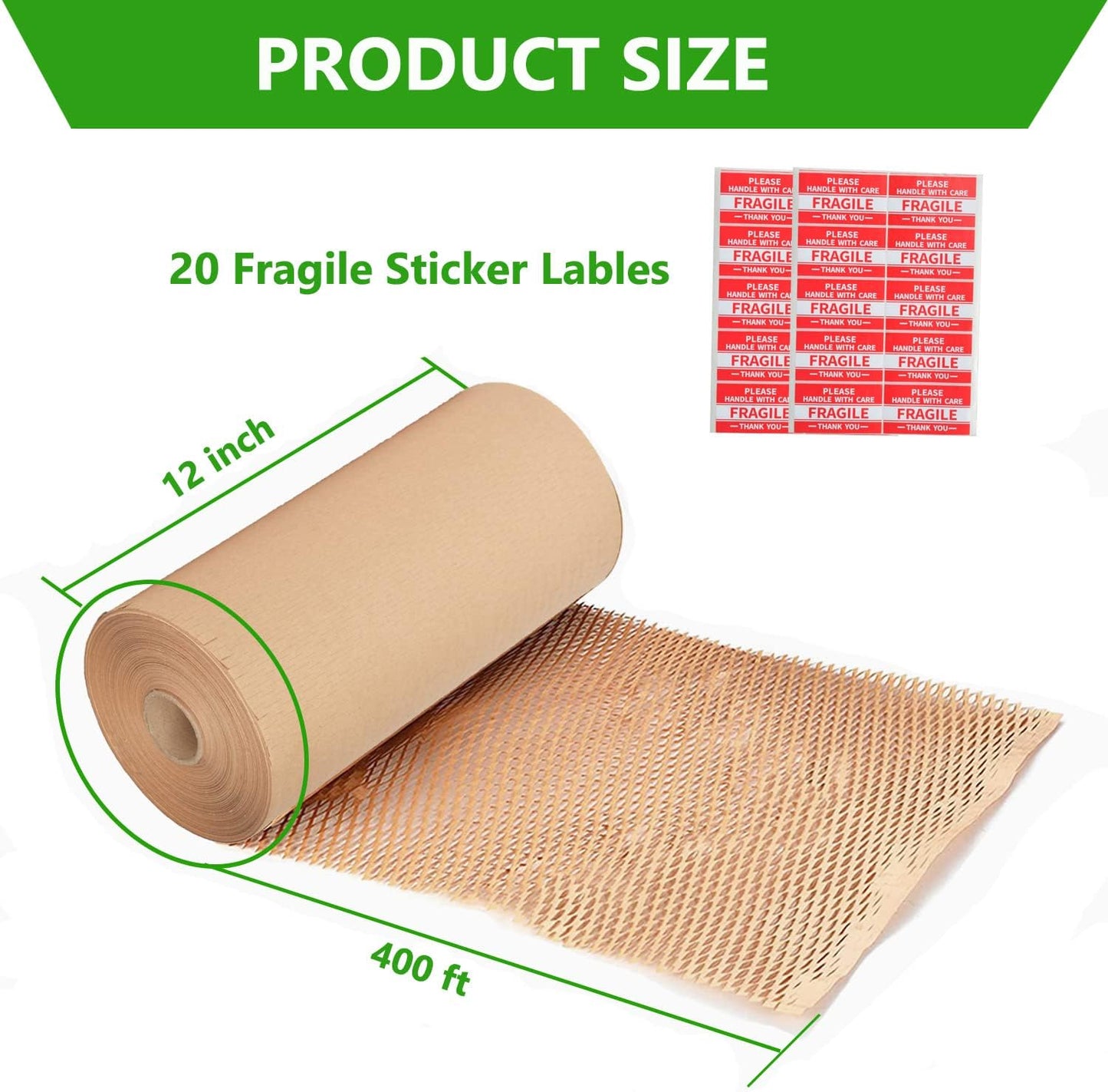 Honeycomb Packing Paper Wrap 12"x400' Sustainable Alternative to Bubble Cushioning Wrap Biodegradable & Fully Recylable for Moving/Shipping/Packing Roll with 20 Fragile Stickers
