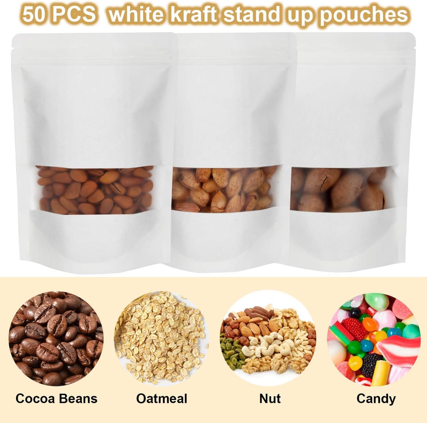 Blisstime 50 Pieces Resealable Bags for Small Business, White Kraft Paper Stand Up Pouches with Matte Window Reusable Heat Sealable Bags for Packaging (5.9 X 8.6 Inches)