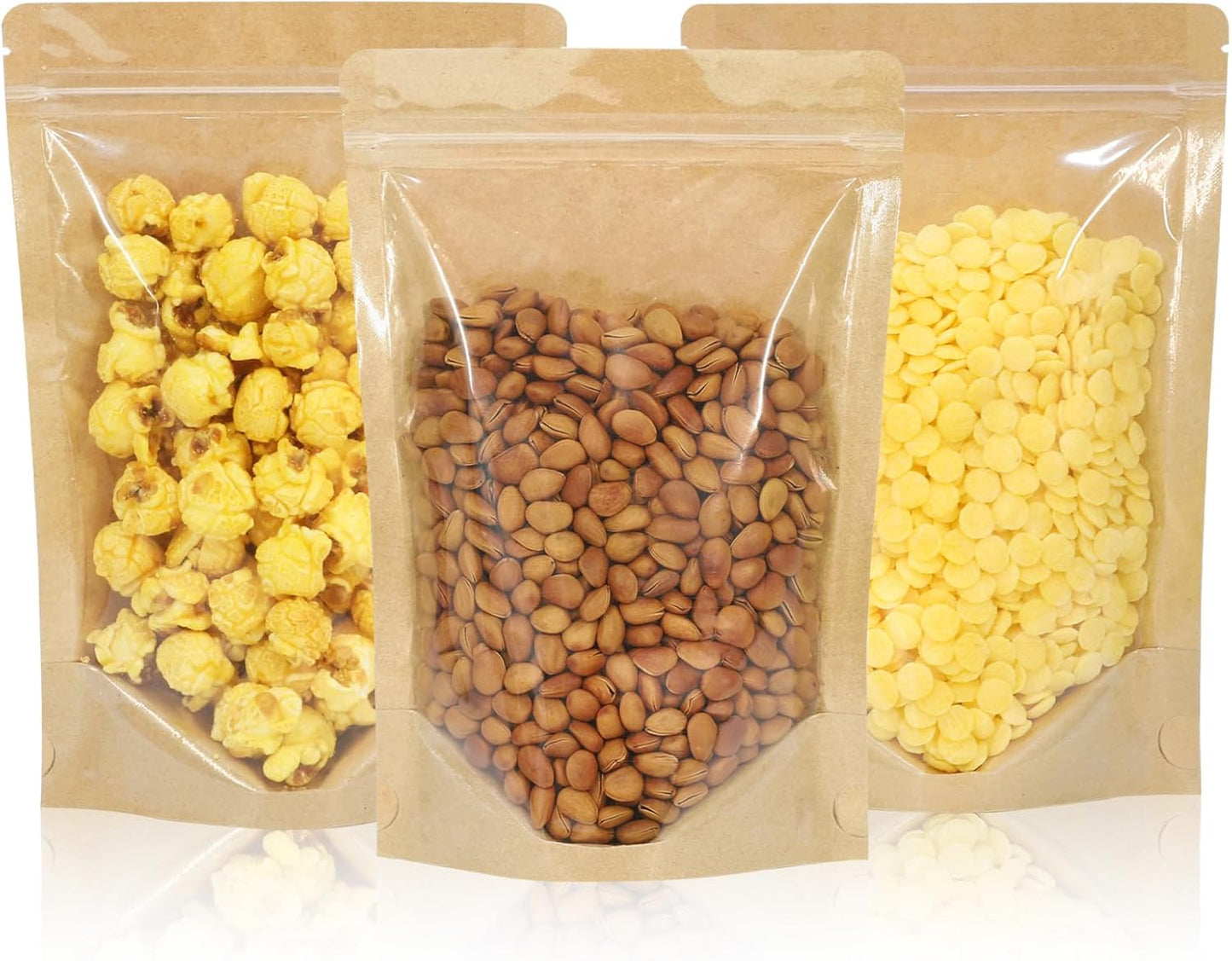 100 PCS Resealable Bags, Stand Up Kraft Bags with Window Clear Front Pouches, Zipper Lock Food Storage Bags 3.93×5.9 Inch Reusable Sealable Bags for Packaging