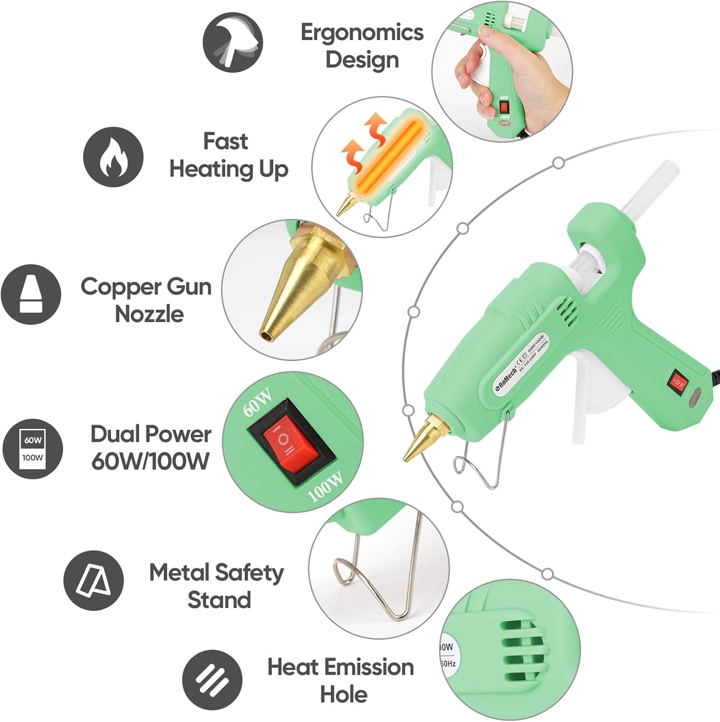 ROMECH Full Size Hot Glue Gun with 60/100W Dual Power and 21 Hot Glue Sticks (7/16"), Fast Preheating Heavy Duty Industrial Gluegun with Storage Case for Crafting, DIY and Repairs (Light Green)