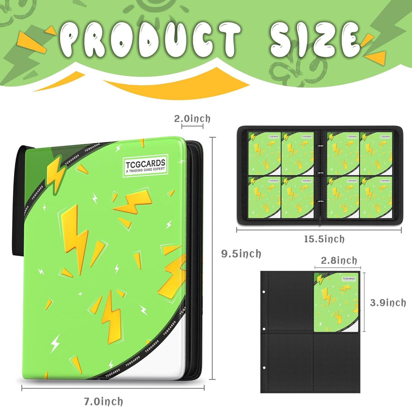 Trading Card Binder 4 Pocket，Card Binder 400 Pockets Card Book Holder Cards with 50 Removable Sleeves，3-Ring Zip Design MTG/TCG/Sport Collectible Trading Card Albums Gifts for Boys and Girls (Green)