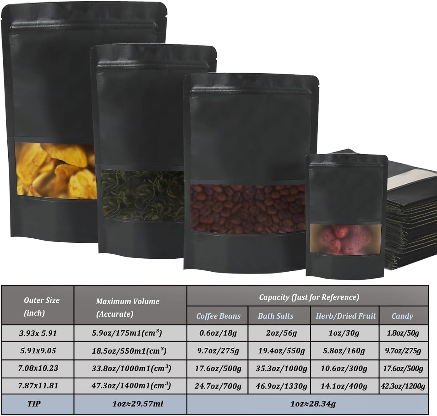 100 PCS Resealable Kraft Paper Bags with Matte Window, Zipper Lock Food Storage Bags - 7.08 * 10.23 Inches, Reusable, Black