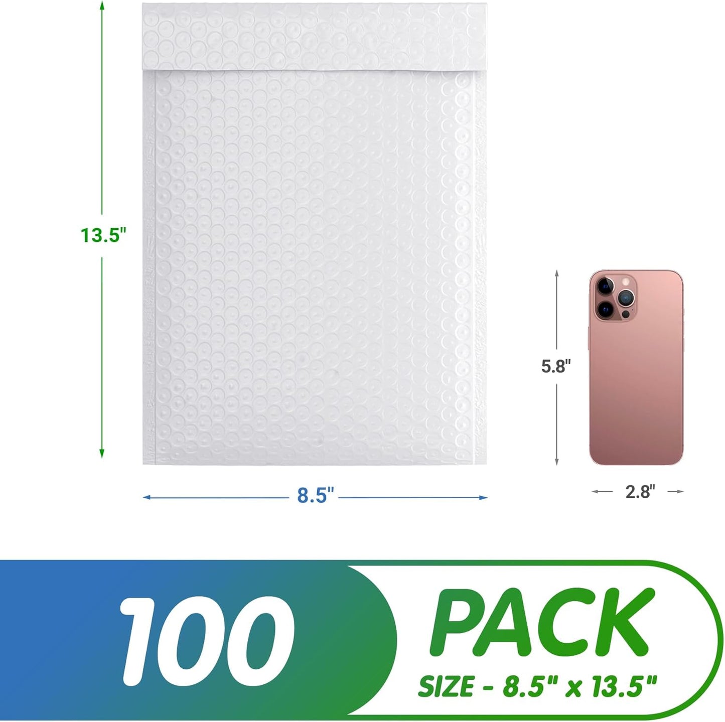 White Poly Bubble Mailers 8.5 x 13.5 Inch. Pack of 100 Padded Envelopes Waterproof. Self Seal Padded Mailers with Durable Seams. Lightweight Padded Shipping Envelopes for Mailing Fragile Things