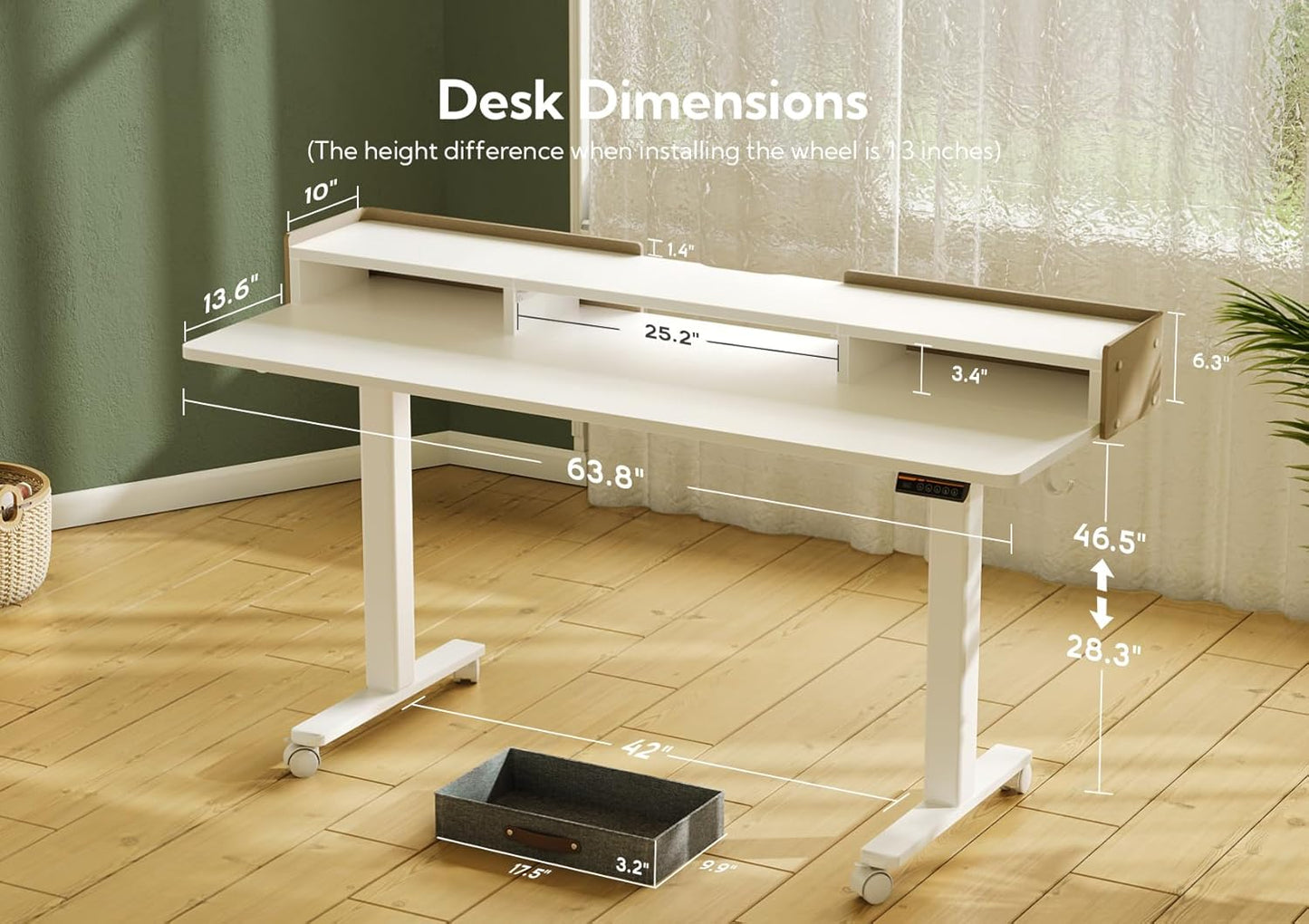 YDN Electric Standing Desk with Drawers, Adjustable Height Stand Up Desk, 63 inch Electric Sit Stand Computer Desk for Home Office, White