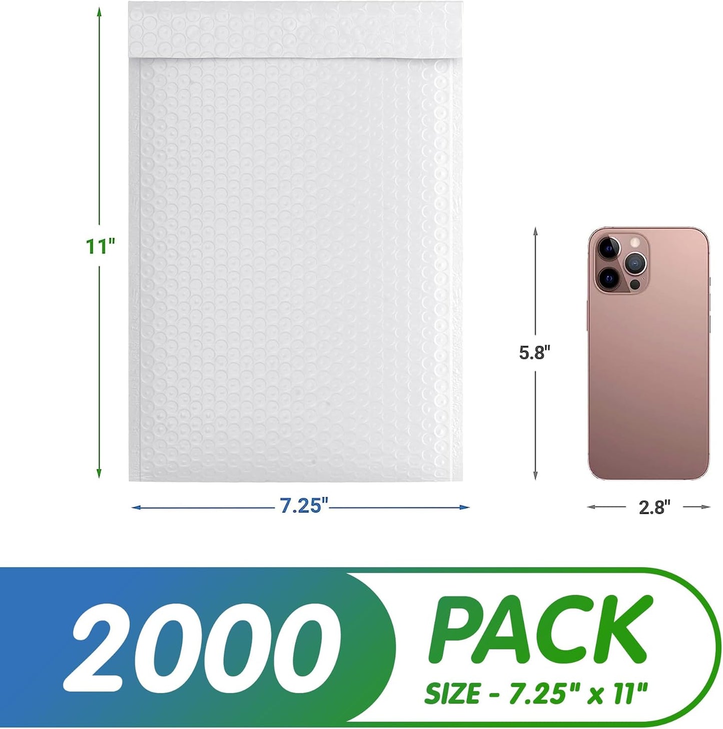 White Poly Bubble Mailers 7.25 x 11 Inch. Pack of 2000 Padded Envelopes Waterproof. Self Seal Padded Mailers with Durable Seams. Lightweight Padded Shipping Envelopes for Mailing Fragile Things