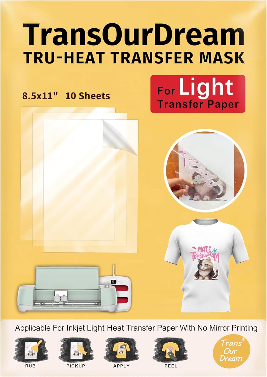 TransOurDream Tru-Heat Transfer Mask for Light T Shirts Transfer Paper (10 sheets, 8.5"x11") Clear Iron on Transfer Tape for Printable HTV Vinyl (TAPL-10)