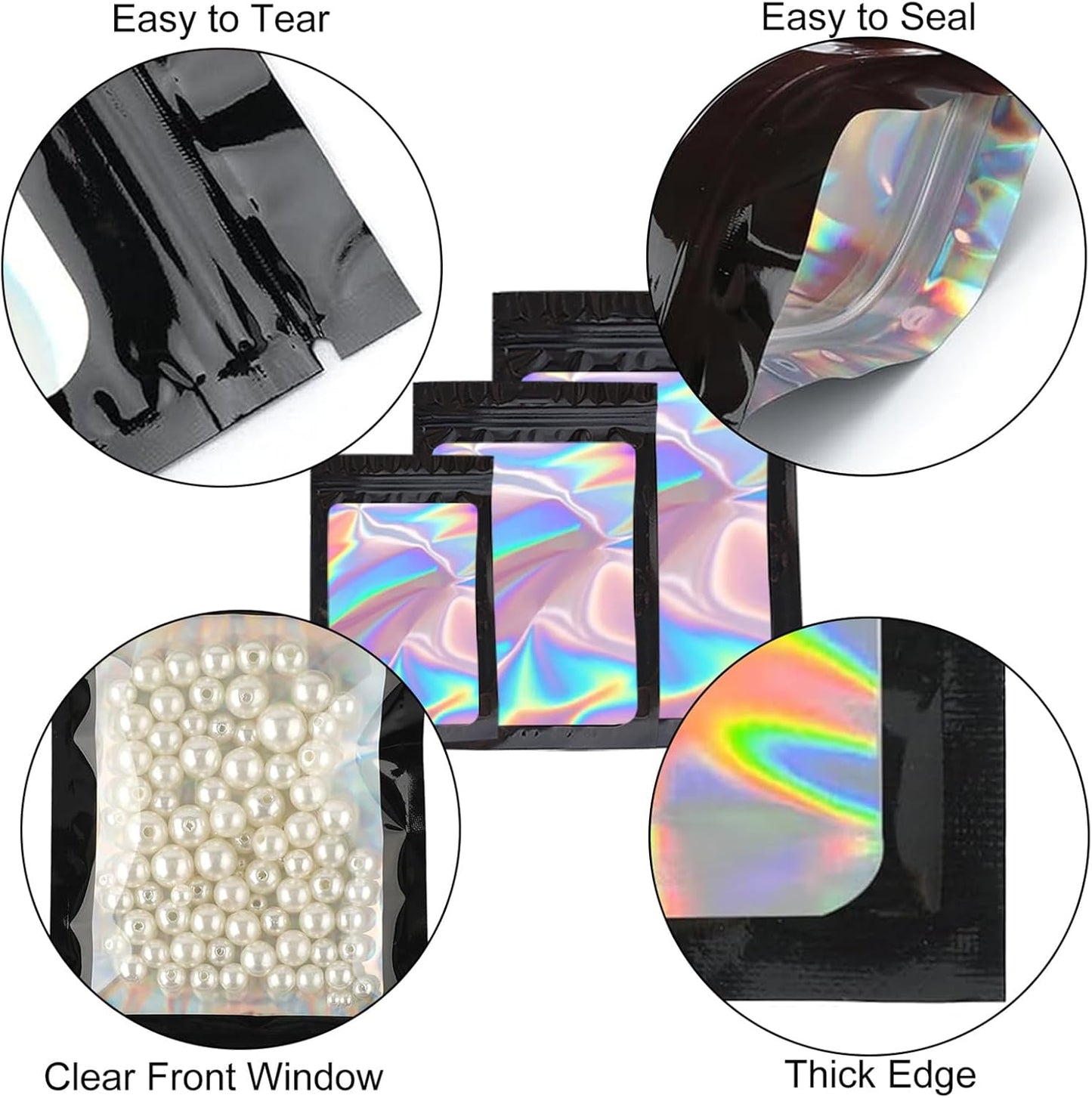 300 Pack 3 Sizes Resealable Mylar Holographic Bags Food Storage Smell Proof Bags with Front Window Packaging Pouch for Sample Snack Cookies Jewelry (Black, 3 x 4.7 inch,4 x 6 inch,4.7 x 7.9 inch)