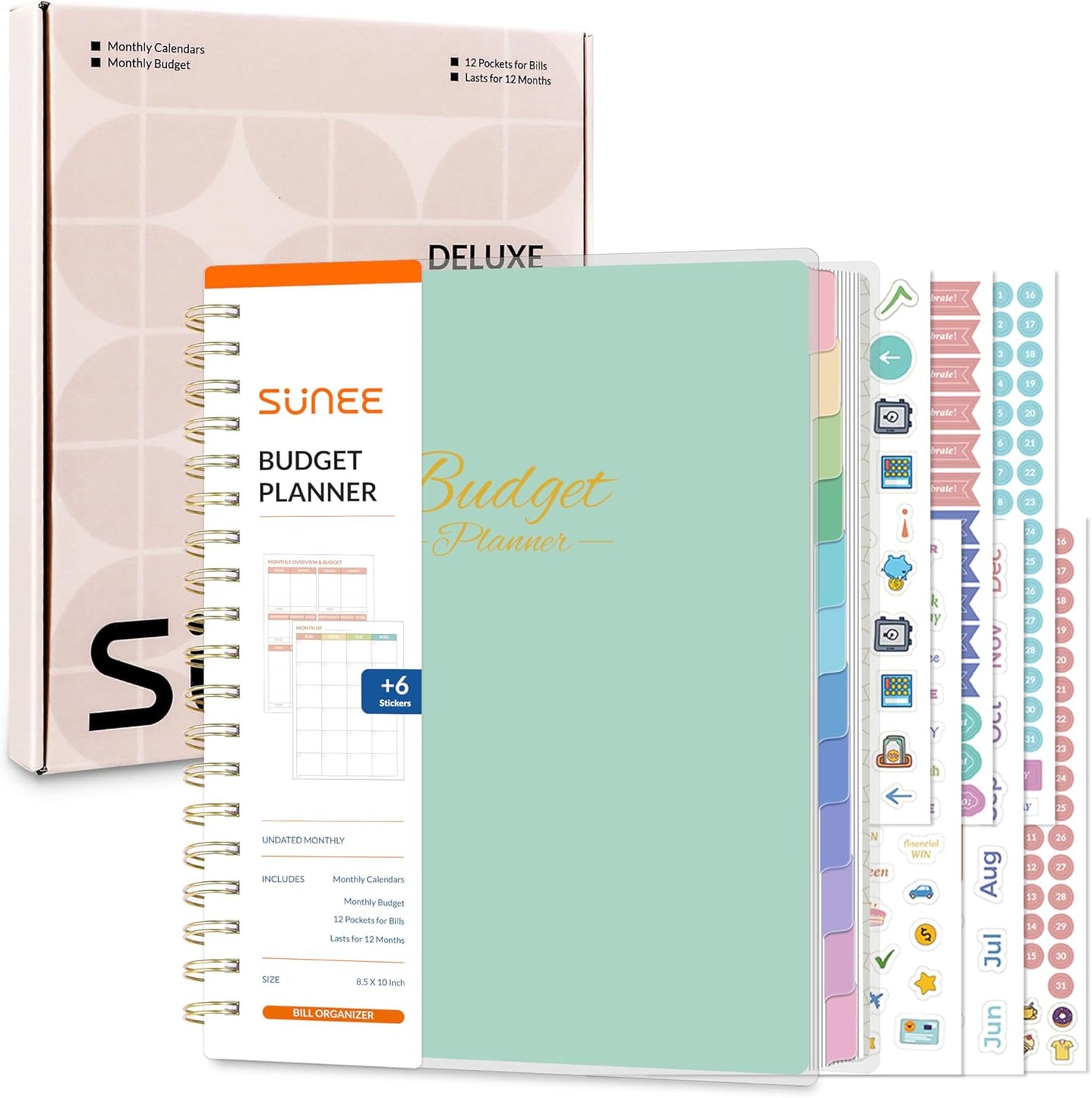 SUNEE Budget Planner - Deluxe Monthly Budget Book with 12-Pockets for Bill Organizer, Undated 12 Month Expense Tracker Notebook & Account Book B5 Size (8" x 10") to Manage Your Finance Planner, Green