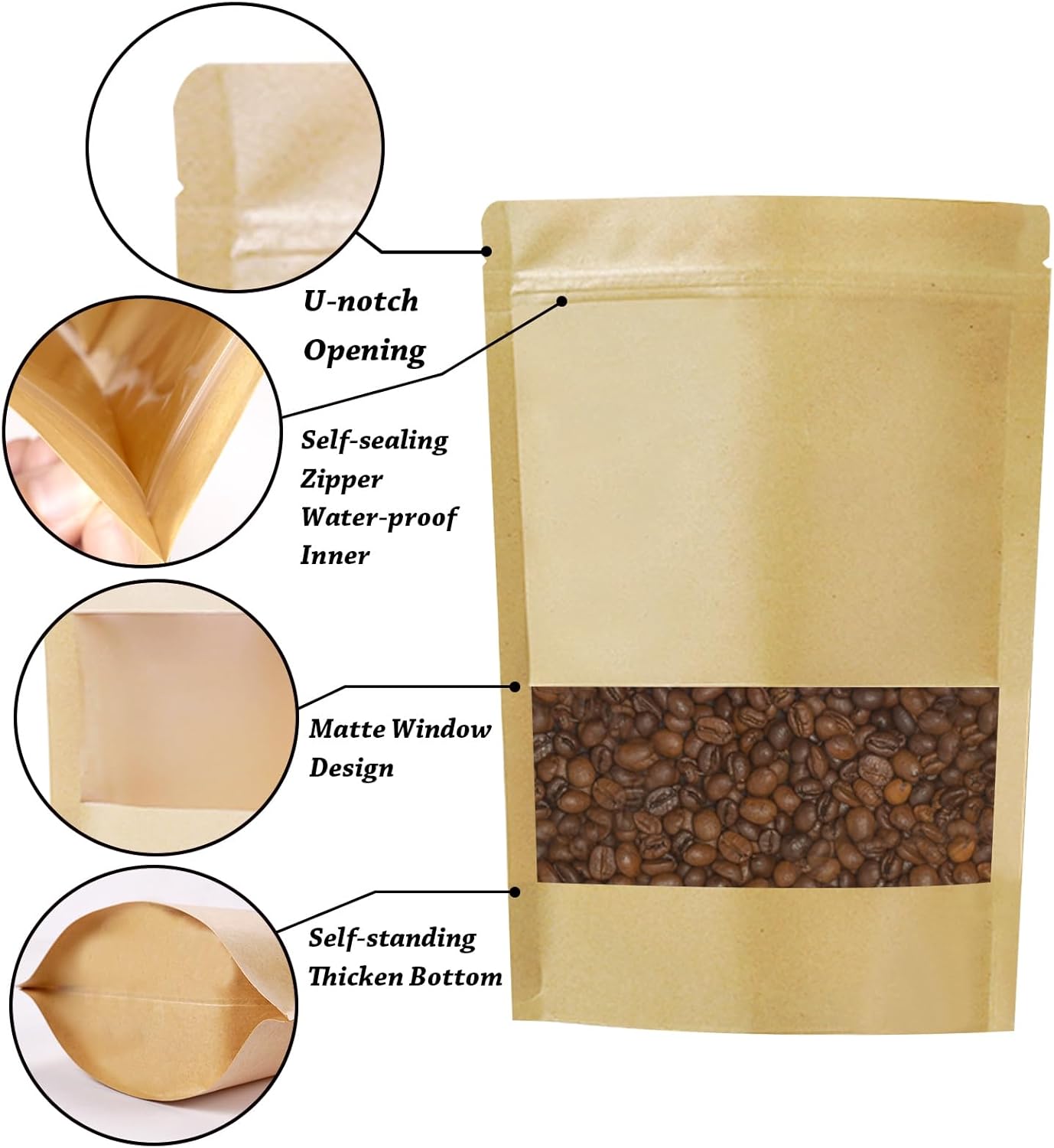 100 PCS Resealable Bags, Stand Up Kraft Paper Bags with Matte Window, Zipper Lock Food Storage Bags for Small Business and Home, 7.08 * 10.23 Inches Reusable Sealable Bags for Packaging