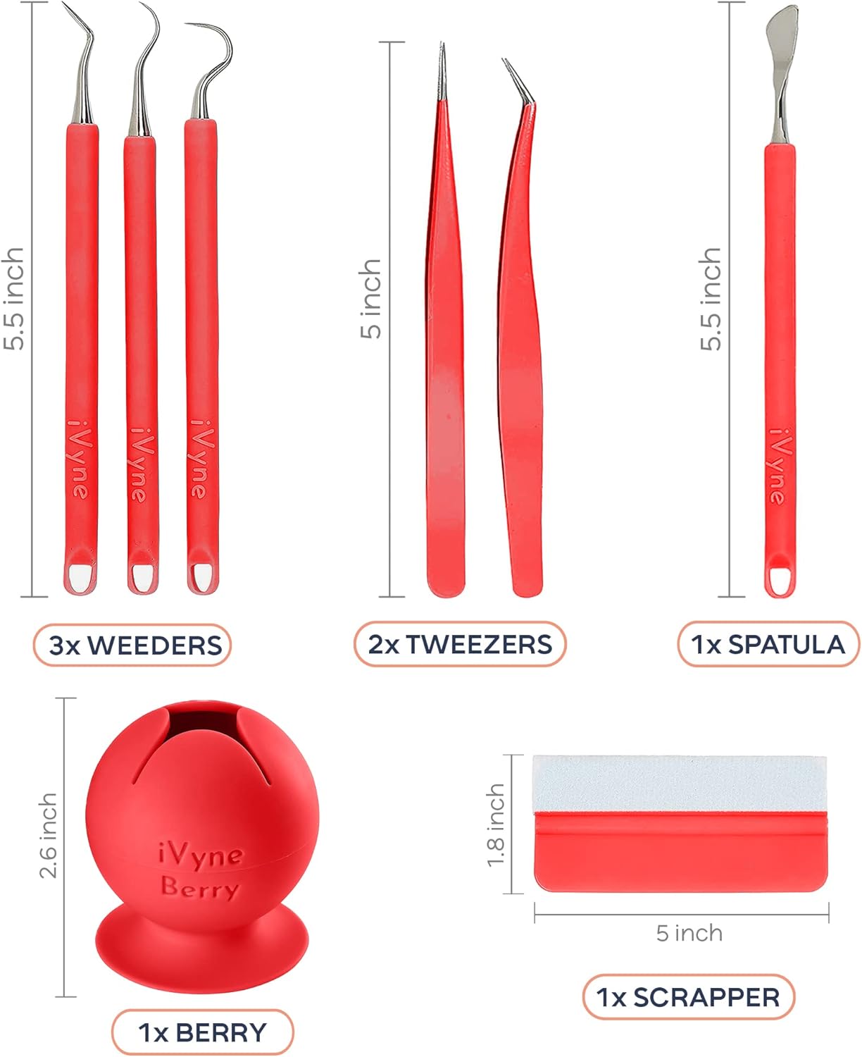 iVyne (8pcs) Premium Vinyl Weeding Tool Kit & Weeding Scrap Collector Soft Grip Tools with Berry, Weeder, Tweezers, Picker Or Hook, and Scraper Set for Silhouette Cameos & Cricut - Red