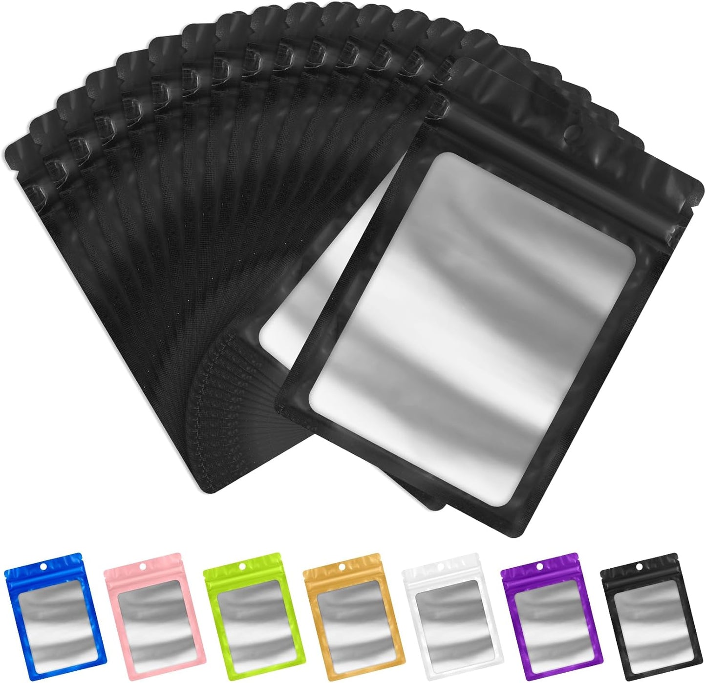 FUNFERY 100 Pack Mylar Resealable Bags Foil Packaging Bags with Clear Window,Zipper Pouch Smell Proof Bag for Food Storage,Cookies,Sample,Small Business(Black,5.1x8.3inch)