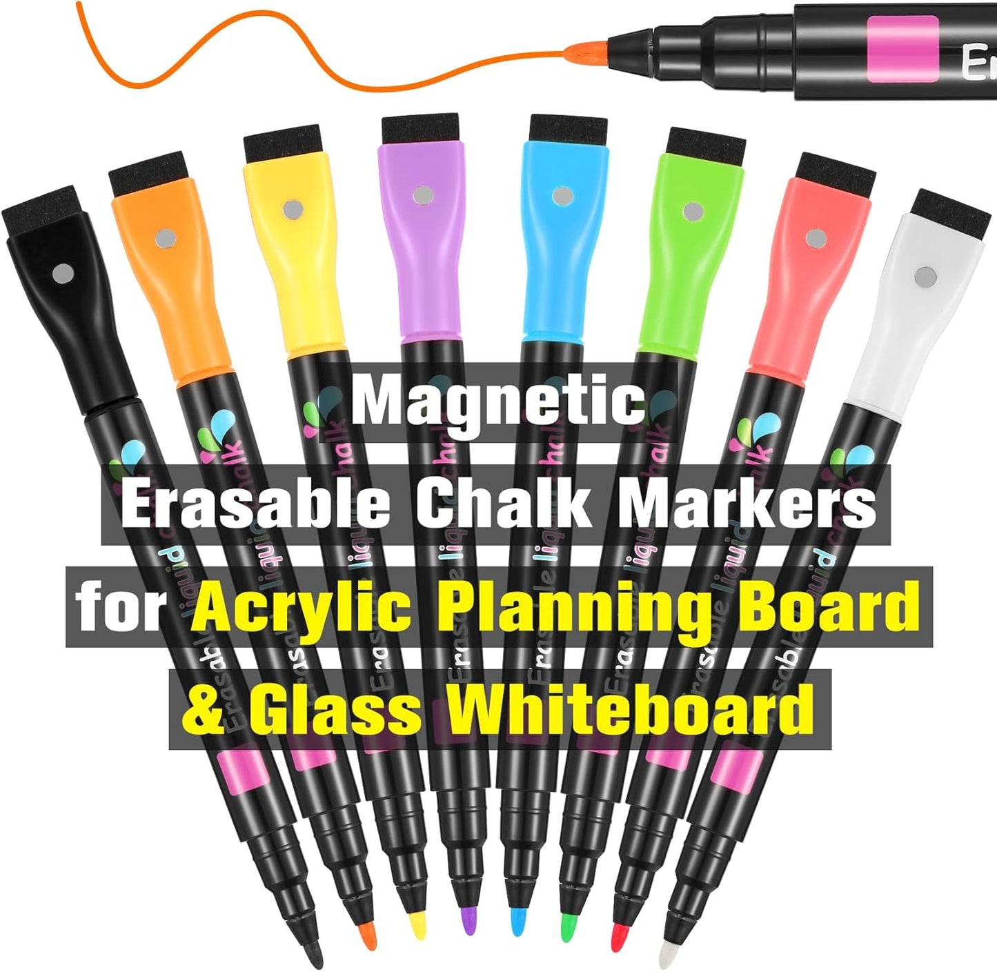 Magnetic Liquid Chalk Markers Wet Erase Markers for Acrylic Calendar Planning Board Clear Glass Whiteboard Window/Mirror Christmas Halloween LED Note Board, 8 Pack, 8 Vibrant Color, 1mm Fine Tip