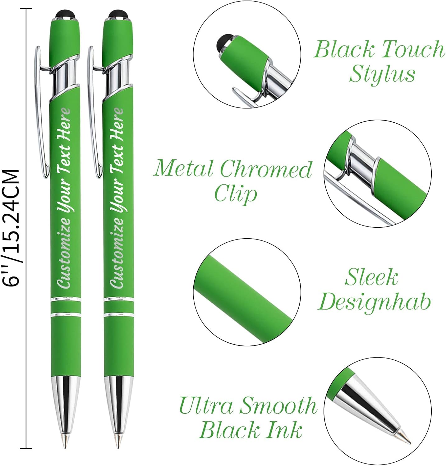 Personalized Pens Bulk 200 with Name Custom Engraving Ballpoint Pens with Stylus Tip Customized Smooth Writing Pens Personalized Gifts for Anniversary Birthday or Graduation(Light Green,Black Ink)