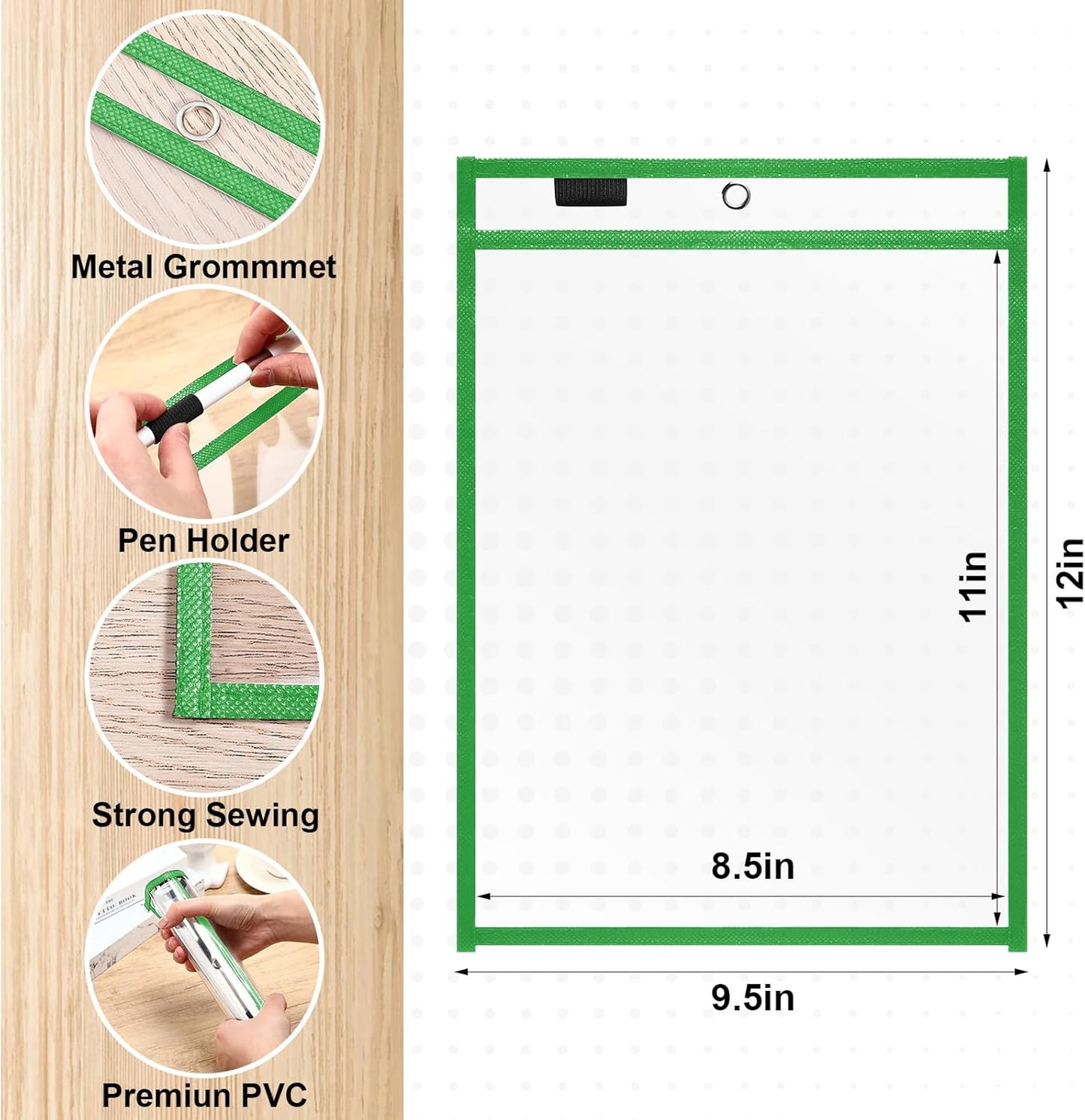 Nezyo Dry Erase Pockets Plastic Job Ticket Holders Shop Holder Order Pockets Clear Sleeves Tickets Folders Plastic Sleeves Paper Teacher Supplies for Classroom(12 x 9.5 in,Green,50 Pcs)