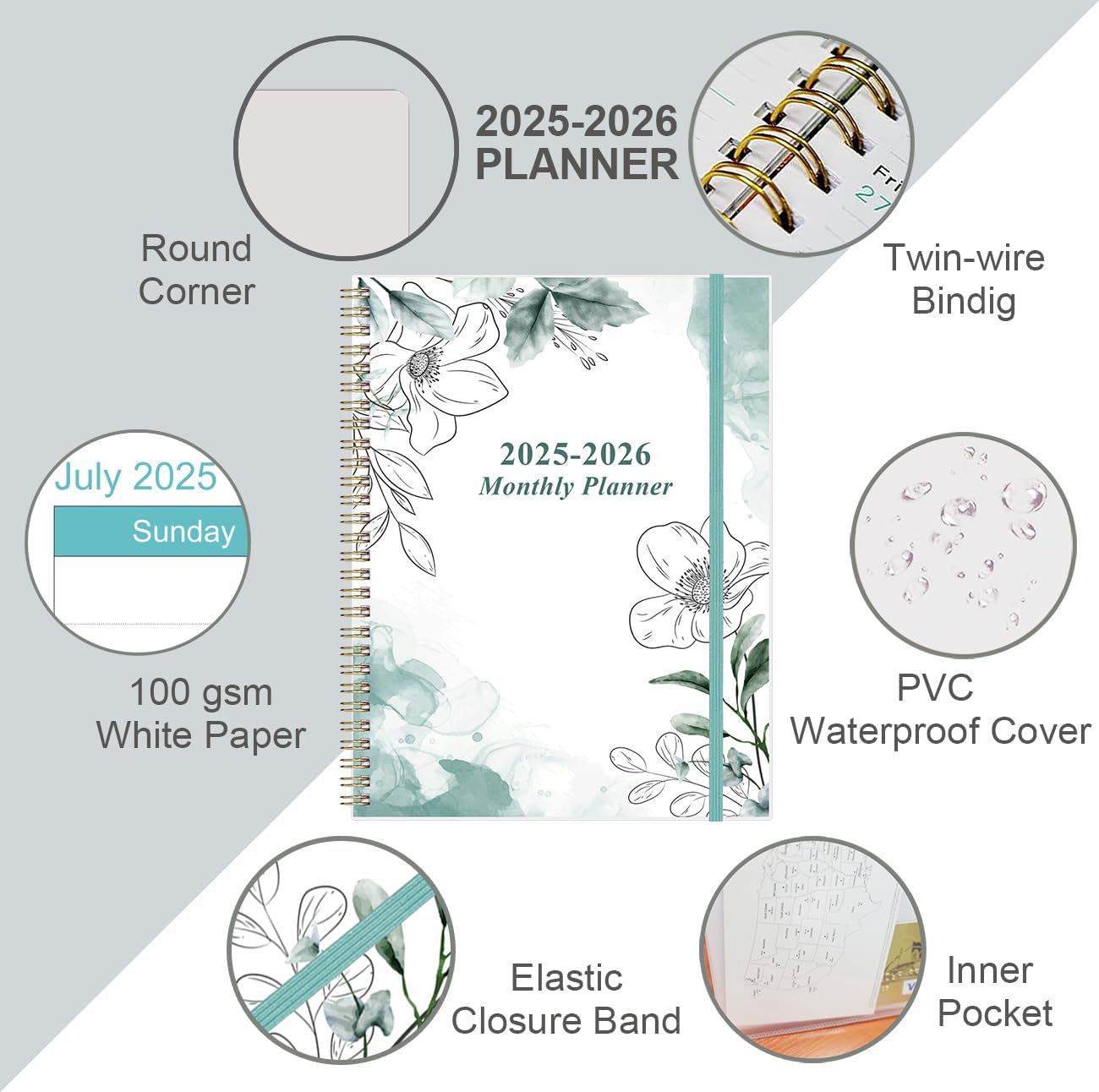 2025-2026 Monthly Planner - 18 Monthly Calendar, July 2025 - December 2026, Two Pages Per Month, 9" x11" Planner with Tabs, Strong Twin-Wire Binding, Inner Pocket, Teal Floral