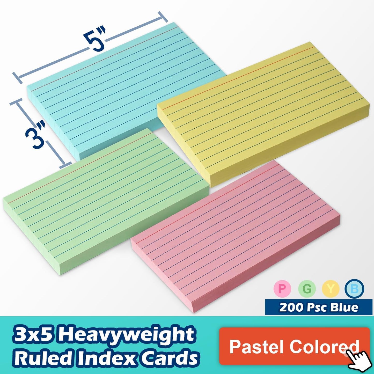 Blue Lined Index Cards 3x5 Ruled Note Cards 200 Count, 180 GSM Heavy Weight