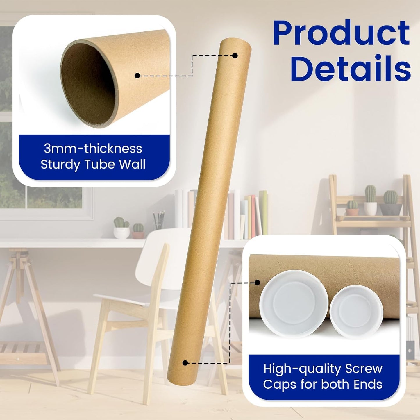 4-Pack Mailing Tubes with Caps, Paper Cardboard Storage Tubes for Shipping, Prints, Documents, Crafts & Golf Clubs (4in*35in, 3in*35in)