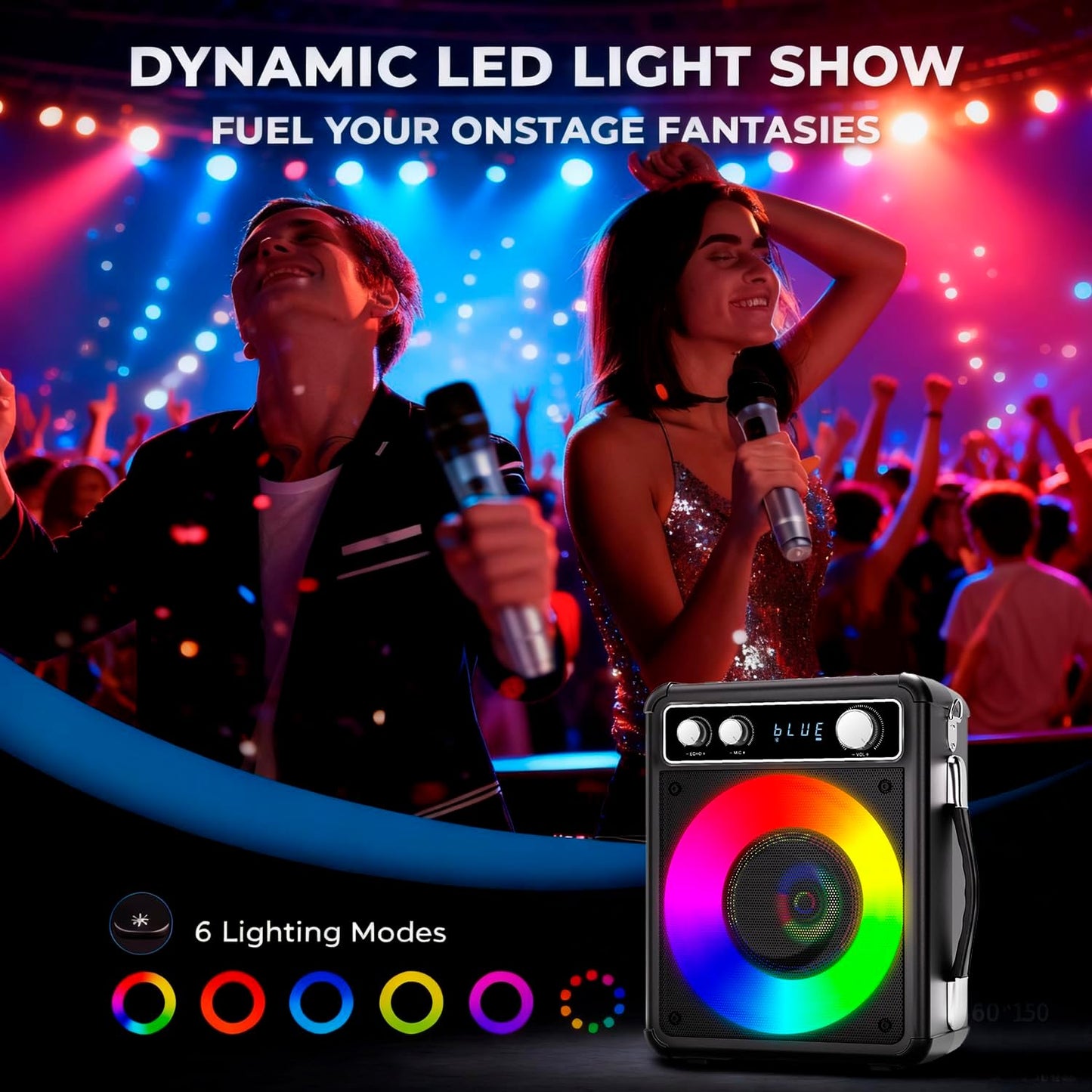 Karaoke Machine, Portable Bluetooth Karaoke Speaker with 2 Wireless Microphones, PA System for Adults Kids with LED Lights, Supports FM/AUX/USB/TF for Home Party