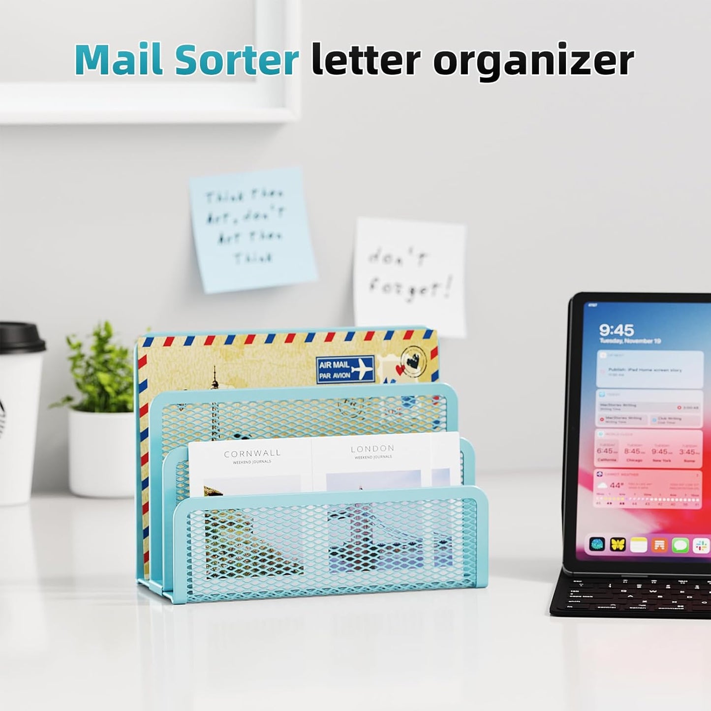 Marbrasse Mail Organizer for Desk, 3-Slot Mesh Metal Mail Holder countertop, Letter Holder, Office Desktop Envelope and Document Storage Rack (Blue)