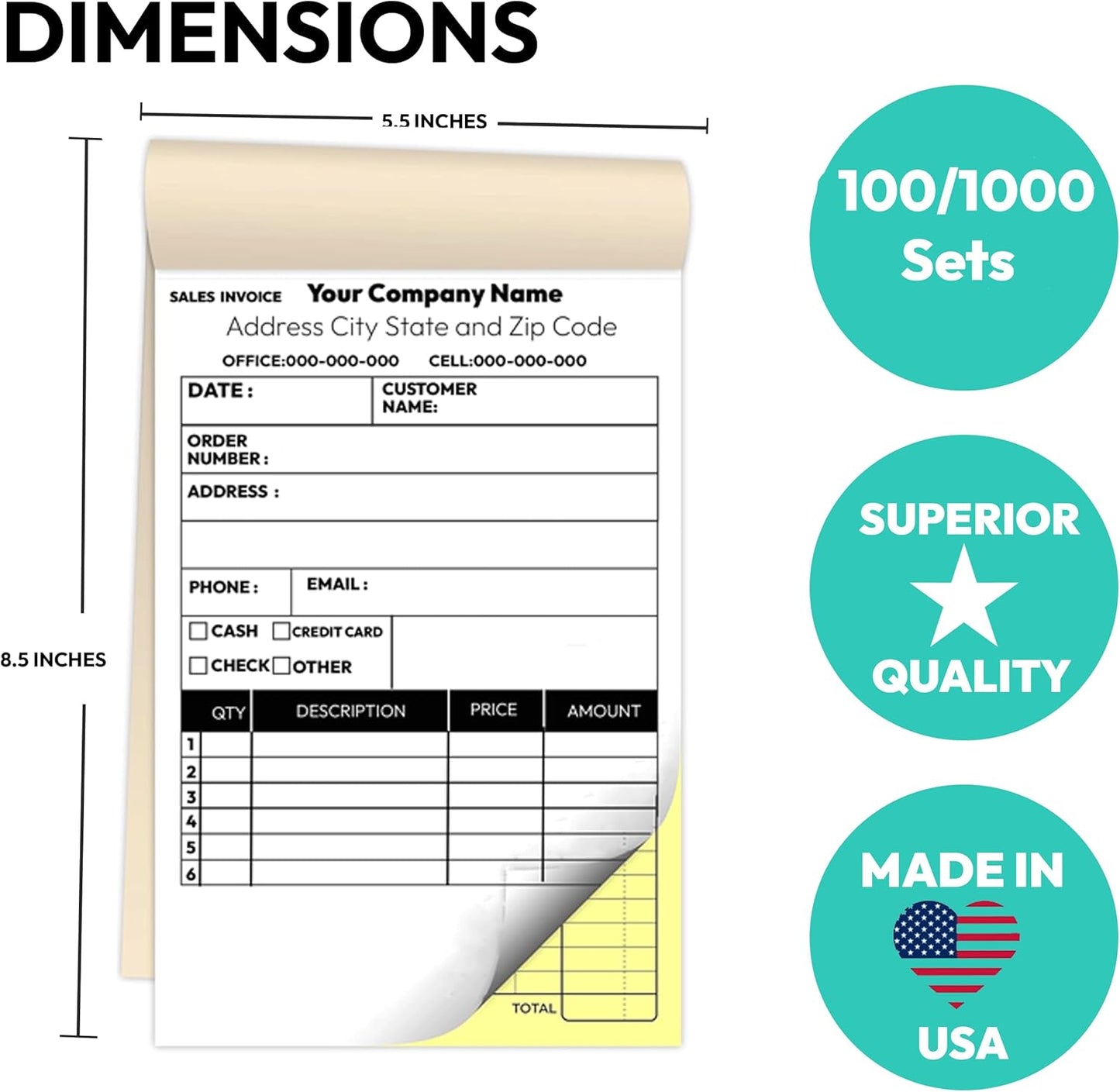 Custom 5.5" X 8.5" Invoice Receipt Book, (100 Sets) Carbonless NCR Invoice Book in 2-Part Duplicate Receipts, Estimates, Purchase Orders, Sales Orders, Price Forms with Your Company/Business Name
