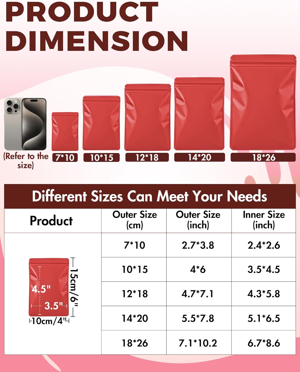 FireKylin 100 Pack Resealable Packaging Bags for Small Business Double-Sided Color Smell Proof Bags for Food Storage Flat Bags (Red, 4" x 6")