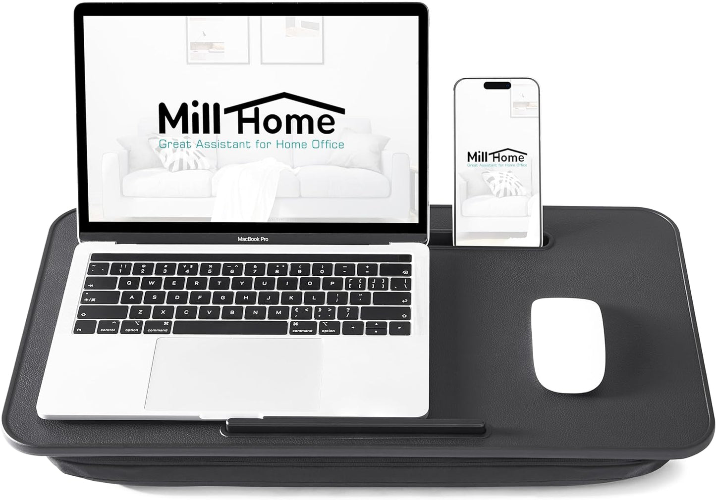 Lap Desk, Lap Desk with Cushion, Fits up to 17 inch Laptop, Pillow Designed, Portable Laptop Stand with Tray, Pad & Phone Holder, Home Office for Bed/Couch/Car/Reading/Writing,MillHome (Black)