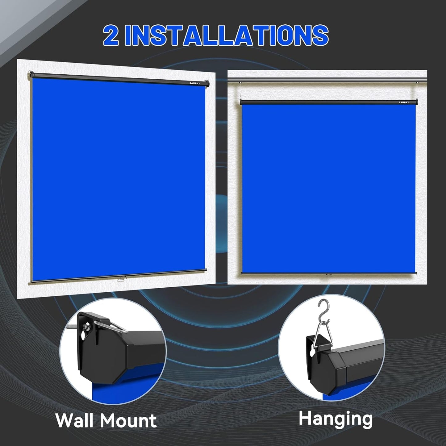 RAUBAY Retractable Pull Down Blue Screen - 78.7" x 86.6" Collapsible Wall-Mount Background for Professional Video Production, Chroma Key Backdrop for YouTube, TikTok, Streaming, Video Conferencing