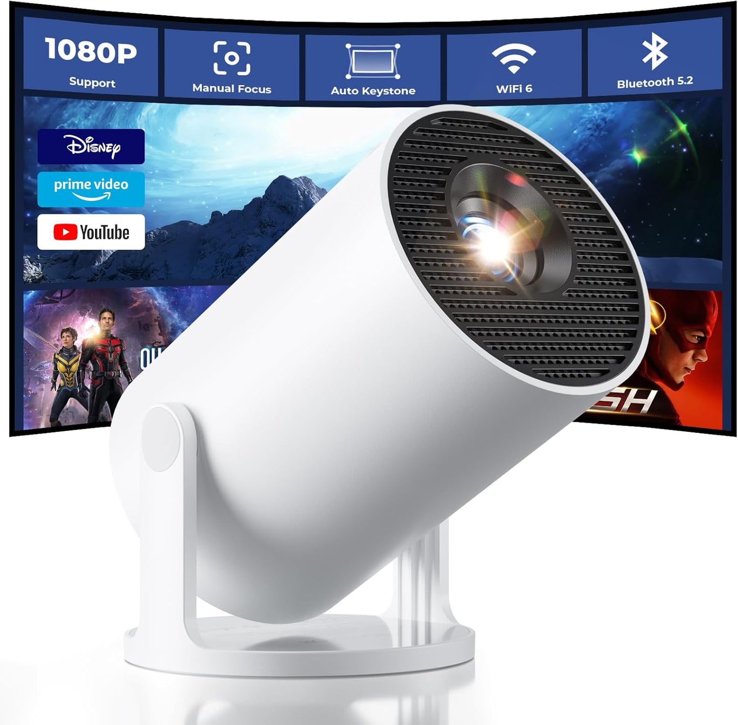 CLOKOWE Mini Projector with WiFi and Bluetooth - Built-in Apps, Smart Portable Projector with 180° Rotation, Auto Keystone, Support 1080P, Compatible with HDMI/USB/TV Stick/Smartphone/Laptop