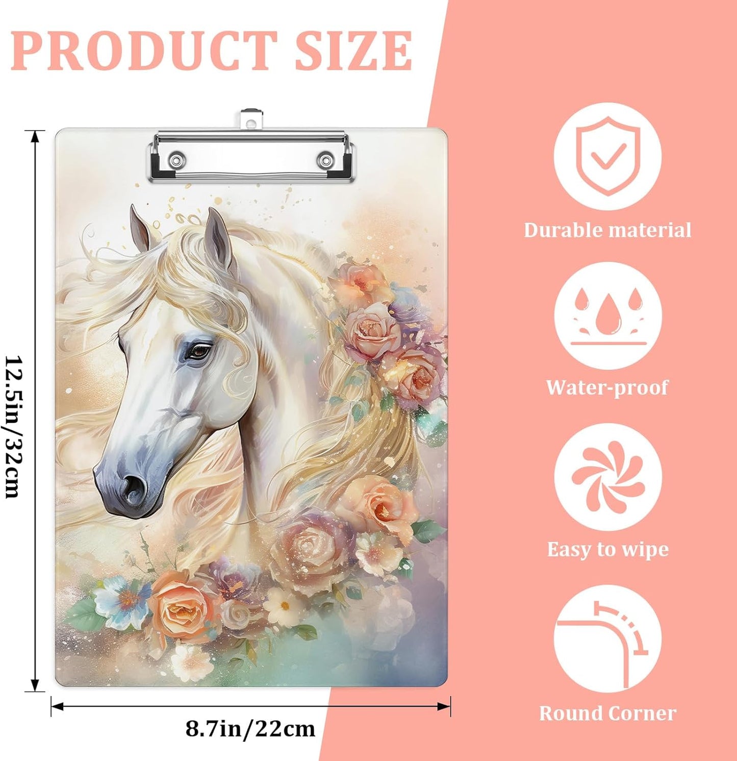 White Horse Plastic Clipboards,Cute Fashion Clipboard Decorative 8.5" x 12.5"Standard A4 Size Clipboards,Acrylic Clipboard for Teacher,Social Worker,Students,Nurse,Office Supplies
