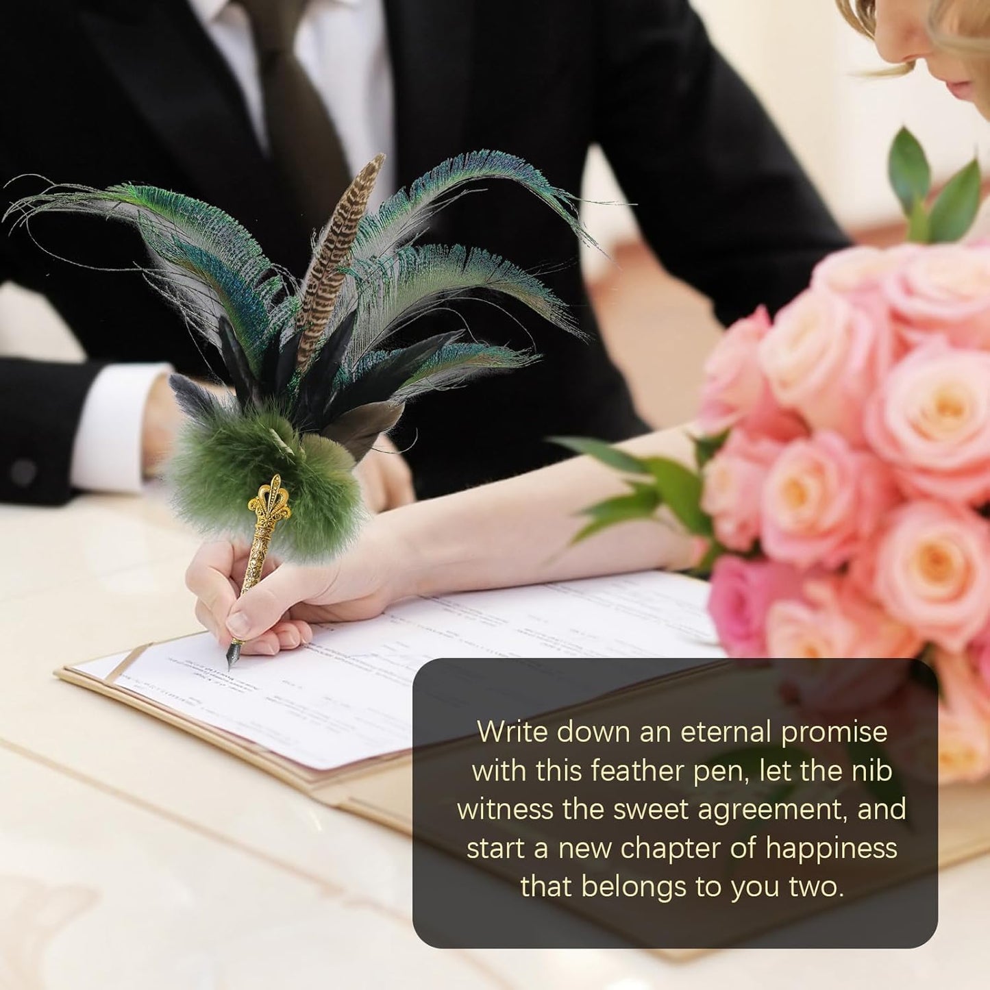CROWN GUIDE Luxury Feather Pen with Black Ink Set - 13.8" Peacock Fancy Quill Fountain Pen for Writing Calligraphy, Wedding Nikkah Pen for Guest Book Journaling Gift, Green