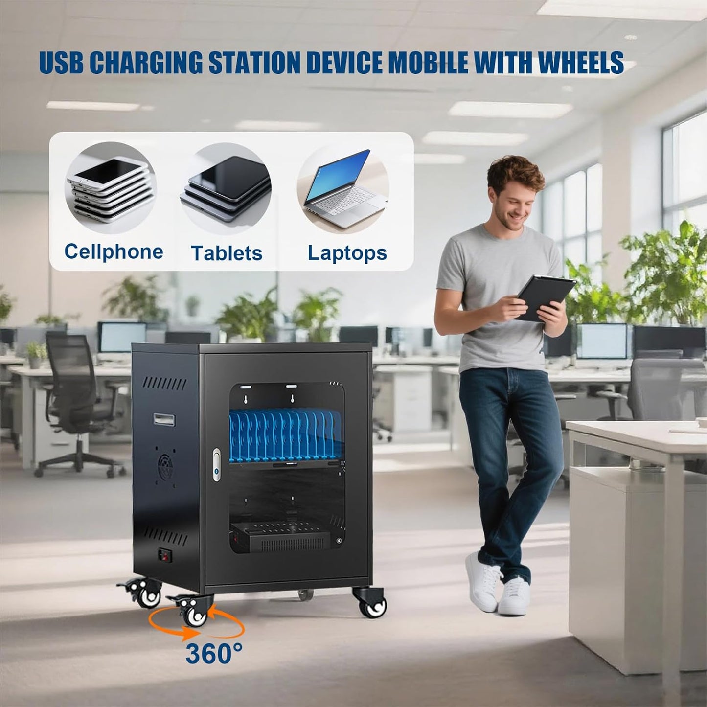 Cell Phone Fully Assembled Charging Storage Cart with Lock, USB Charging Station 30 Device Mobile with Wheels, Glass Cabinet Door Rechargeable Tablet & Laptop Locker Cabinet, for ClassroomOffice