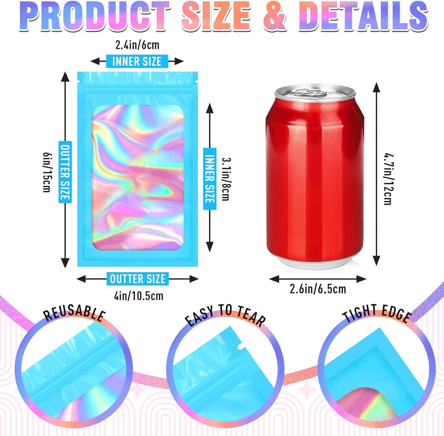 Smell Proof Bag, 100 PCS Mylar Bags, Holographic Bags, Packaging Bag (3x5 Inch)
