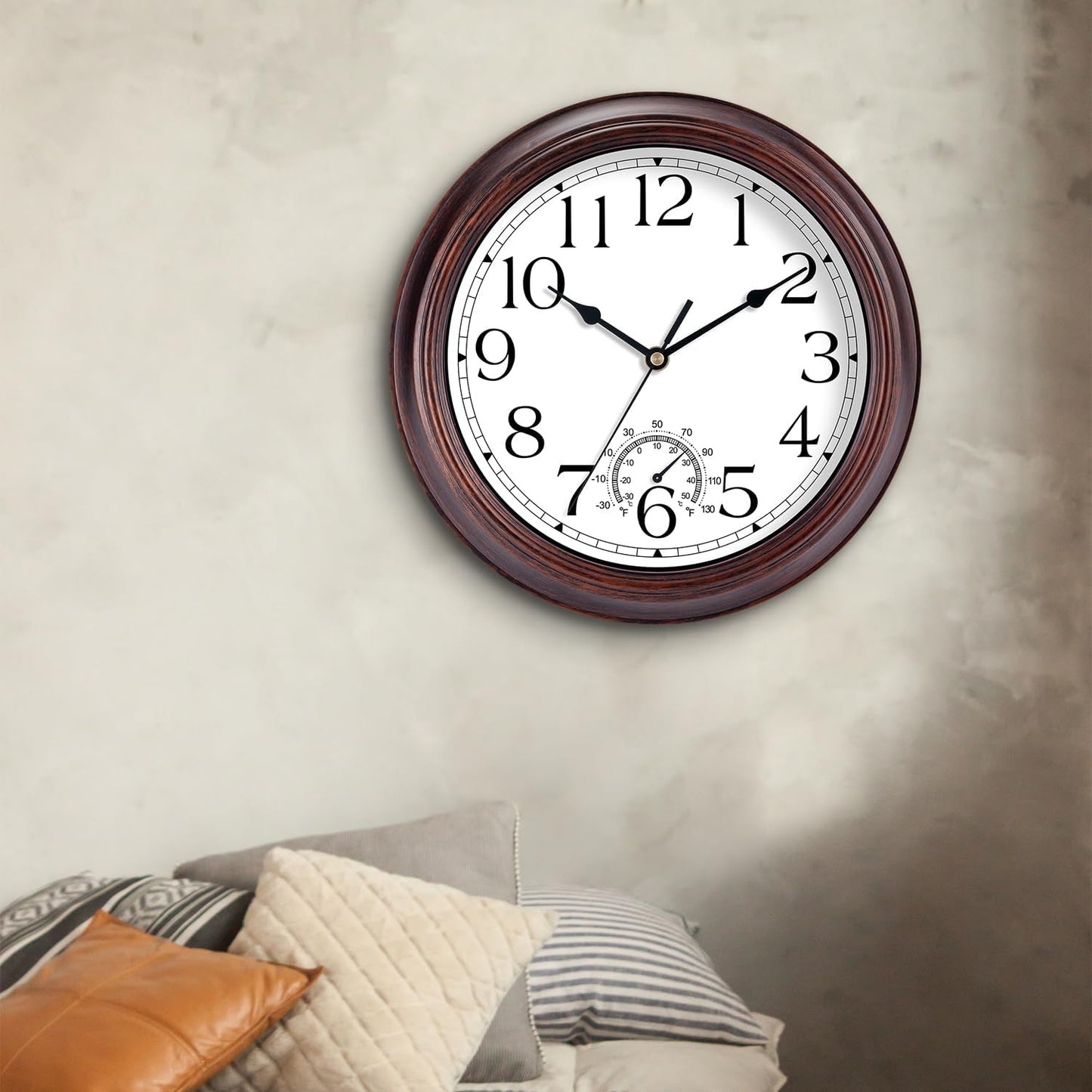 14 Inch Outdoor Wall Clock with Thermometers, Vintage Silent Wall Clocks Battery Operated, Retro Non-Ticking Clock Decorative for Living Room, Patio, Kitchen, Office, Bathroom, Bedroom(Bronze)