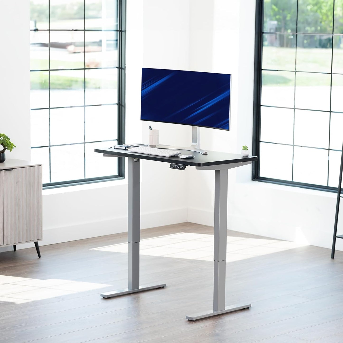 VIVO Electric 43 x 24 in Standing Desk, Memory Height Adjustment, 1B Series, One-Piece Black Top, Gray Frame, DESK-KIT-1G4B