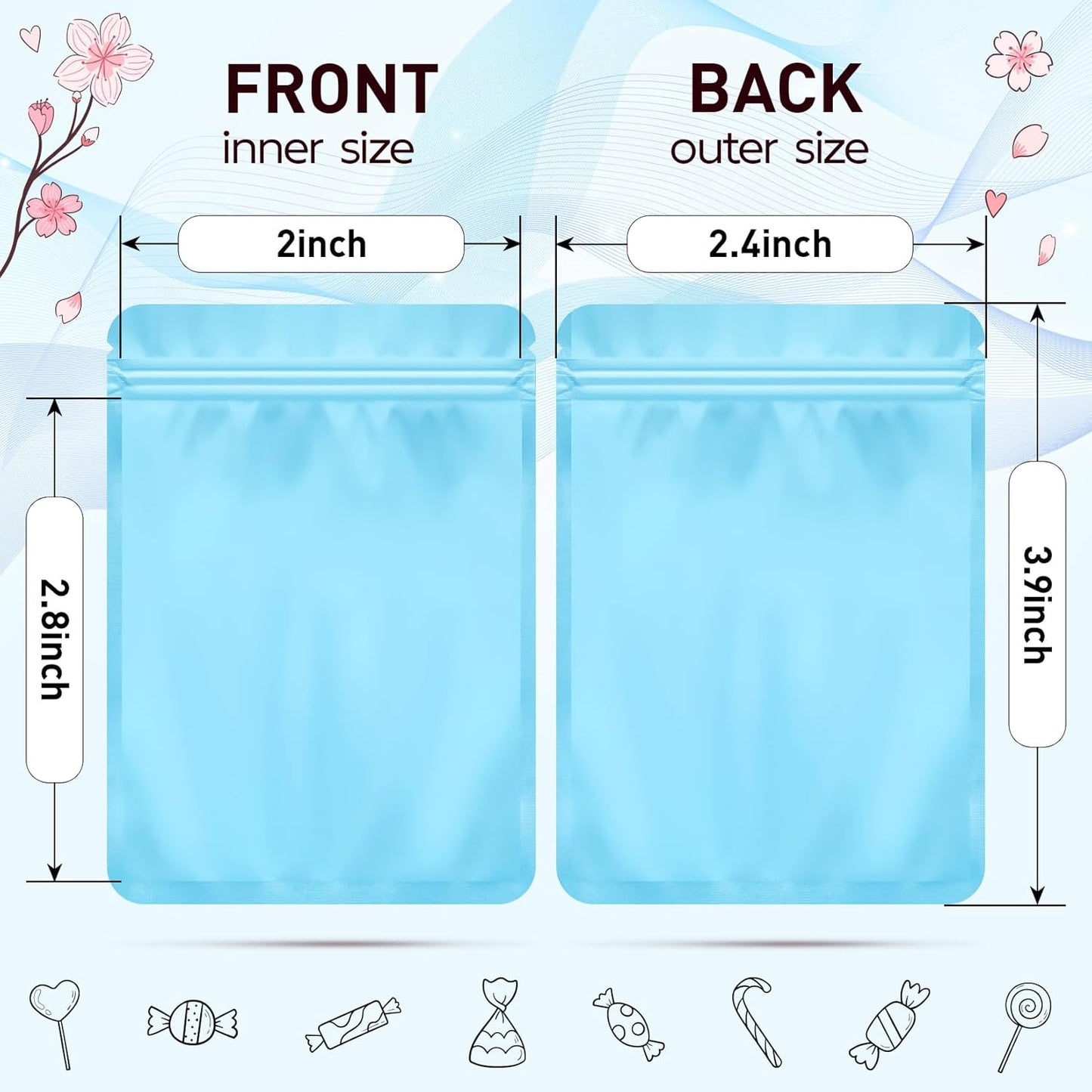 Funfery 100 Pack Blue Mylar Packaging Bags Resealable Bags Double Sided Color Odor Proof Pouch Baggies Smell Proof Foil Bag for Food Storage,Small Business(Blue,2.4x3.9inch)