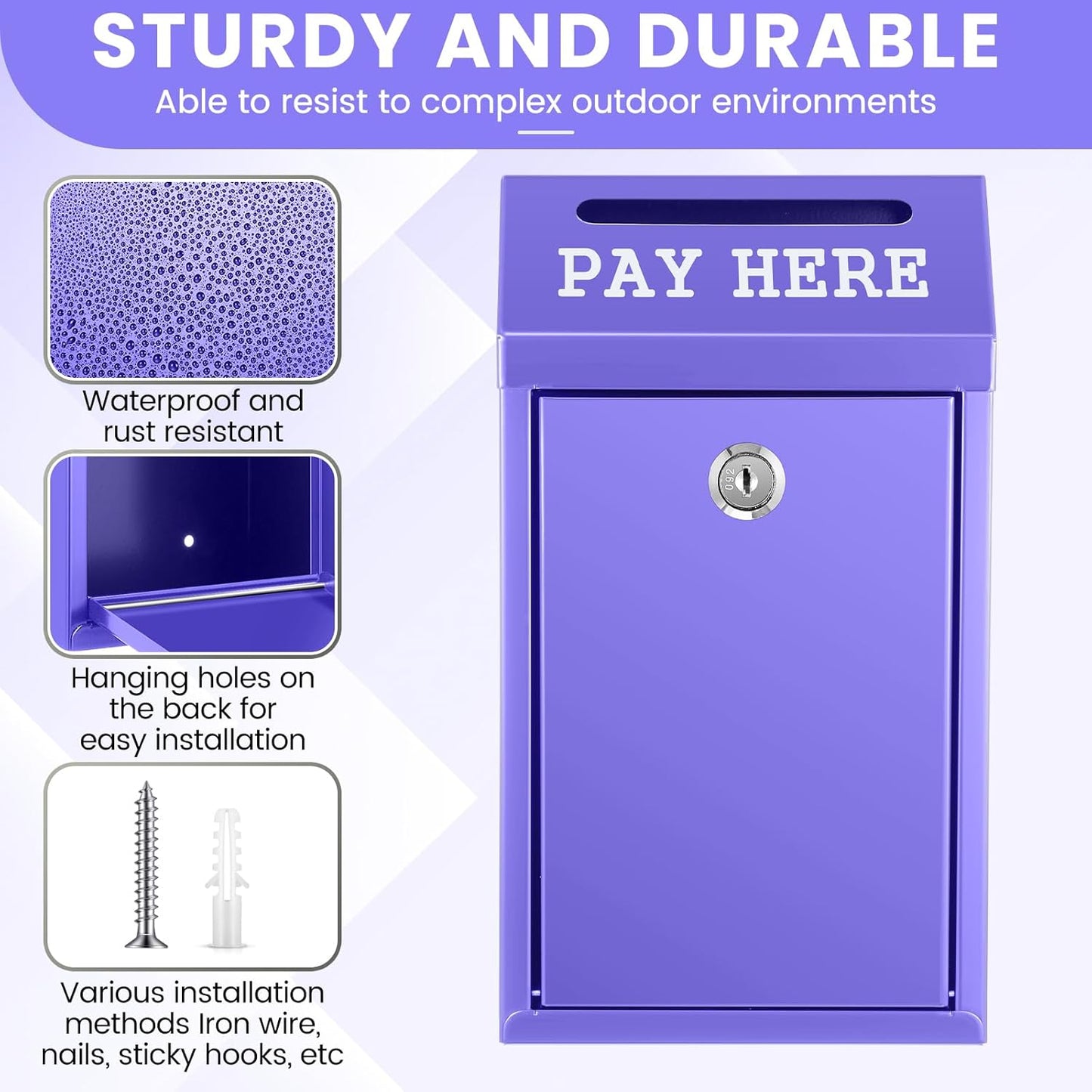 Safe Cash Box Money Collection Metal Donation Box with Lock Wall Mount Pre Drilled Mailbox Delivery Ballot for Home Office Outdoor Self Serve Stand (Purple,10.2 x 5.7 x 2.8 Inch)