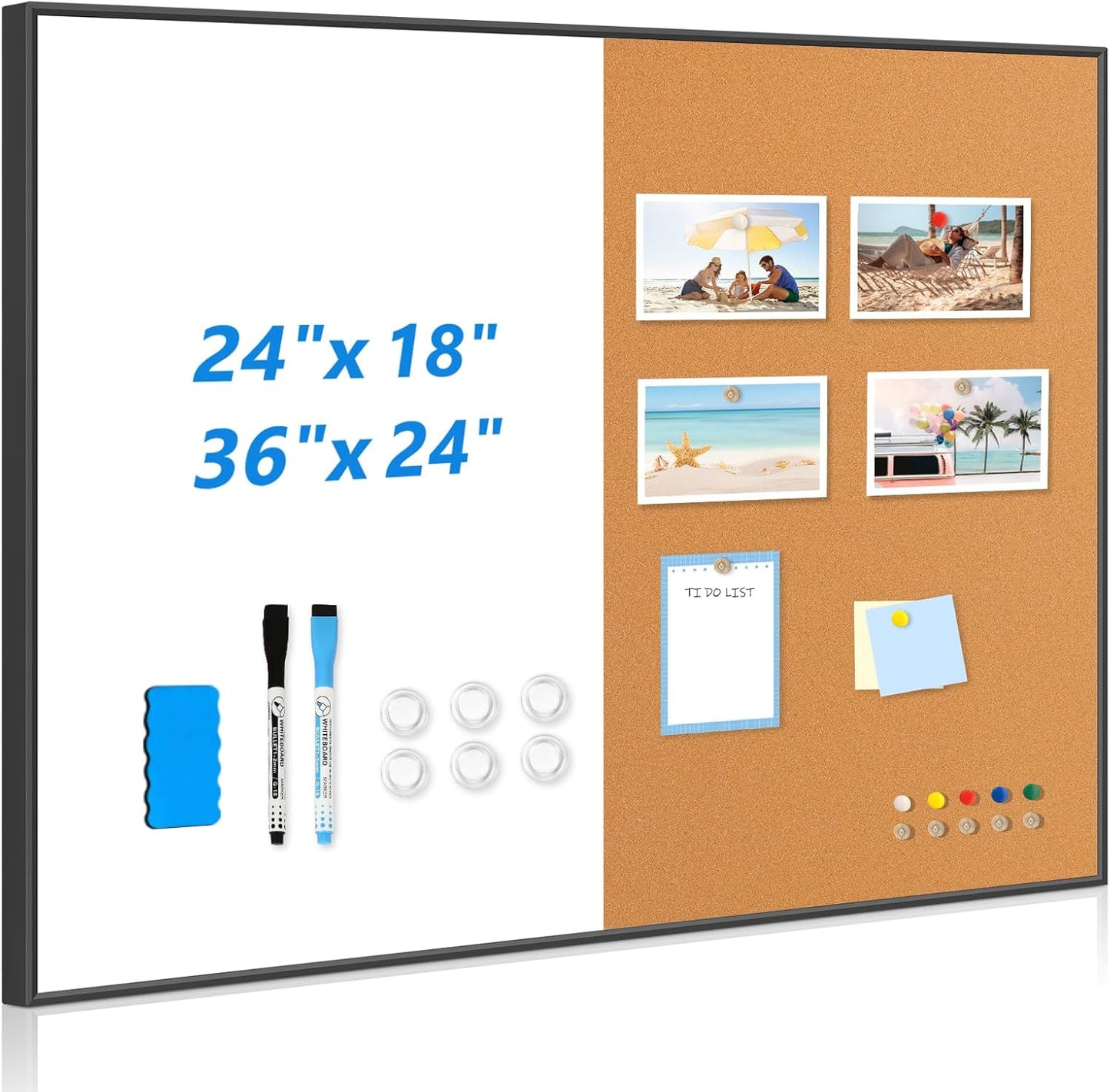 White Board Cork Board Combo, 36'' x 24'', Magnetic Dry Erase Board and Pin Board for Wall, Black Aluminum Frame Bulletin Board for Home Office School with Accessories