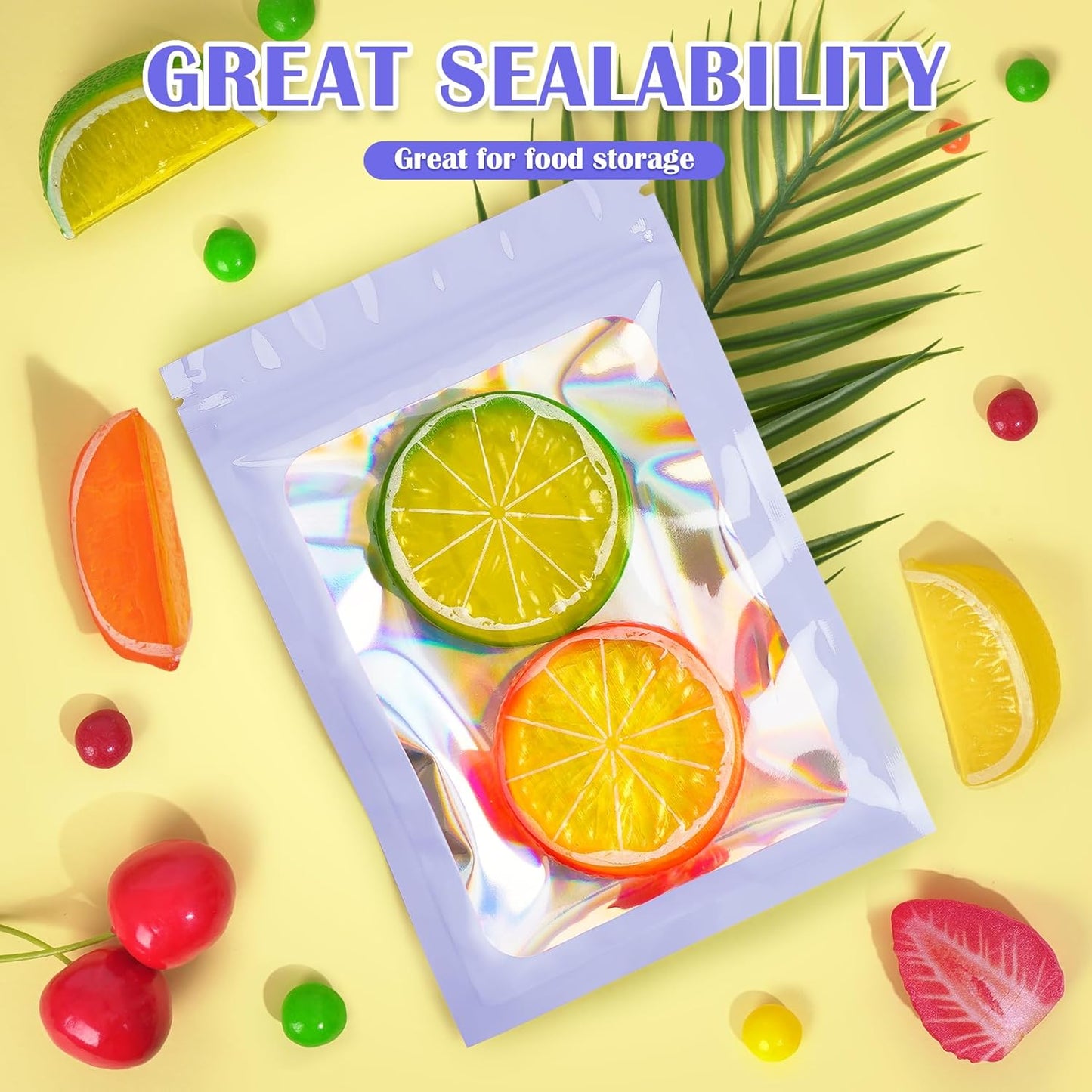 300 Pcs Mylar Bags, Smell Proof Bags Foil Pouch, Holographic Resealable Bags for Small Business, Candy Sample Jewelry Bag Sealable Packaging for Party Favor Food Storage ((2.8x3.9in-Purple)