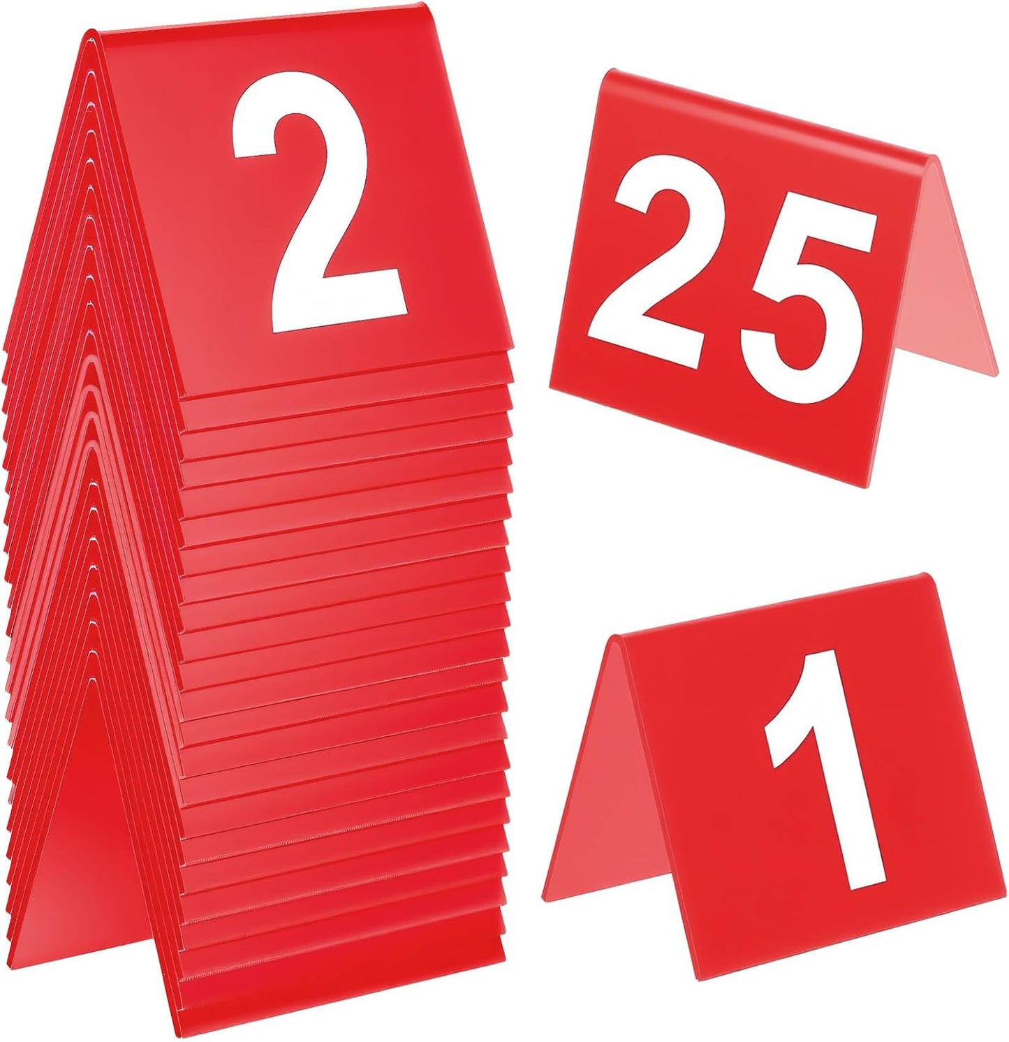 Table Numbers 1-25 Acrylic Double Side Numbered Table Tents Plastic Restaurant Wedding Numbers Cards Signs for Party Banquets Wedding Reception (Red, White)
