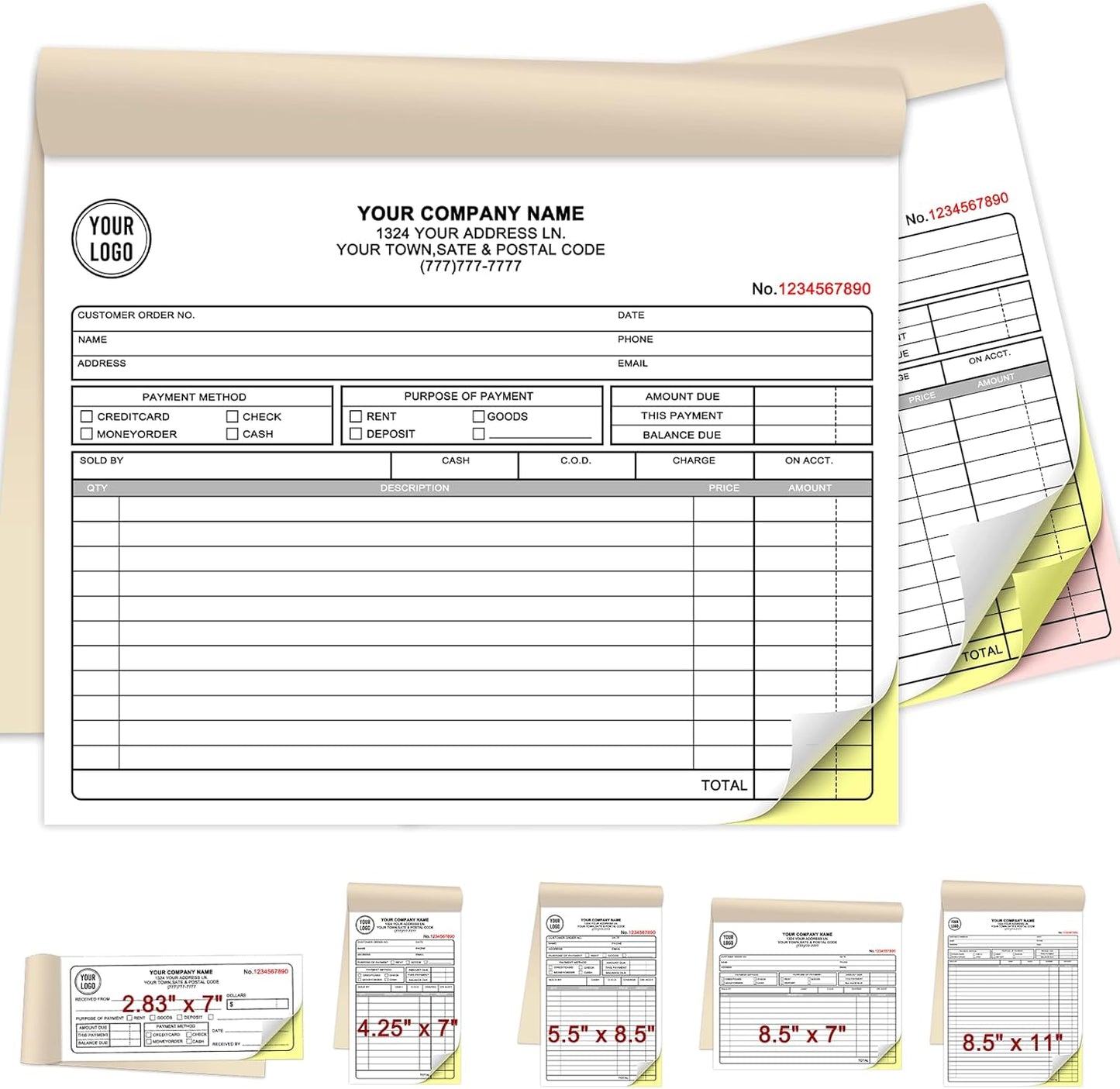 Custom Invoices Receipt Book for Small Business Personalized 2-Part Duplicate Carbonless Logo Receipt Books Sales Payment Forms with Company Name Address Phone Number 100 Sets 8.5" x 7"